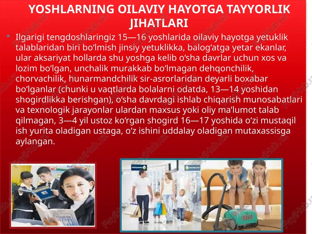 n psixologik jihatdan oqilona chiqish malakalarini o‘rgatish yoshlarni jinsiy hayotga ilmiy asosda tayyorlash yoshlarni oilaviy muloqotga tayyorlash. yoshlarni oilaviy hayotda kuzatiladigan o‘zgarishlar haqidagi ilmiy bilimlar bilan tanishtirish yoshlarni oilaviy hayotda yuzaga keladigan muammolarga konstruktiv tus berishga, destruktiv o‘nalishdagilardan saqlanishga o‘rgatish yoshlarning o‘zlariga turmush o‘rtog‘ini to‘g‘ri tanlash malakalarini shakllantirish yoshlarda oilaning mustahkamligini ta’minlovchi bilim va malakalarni shakllantirish yoshlarni oilani rejalashtirishga o‘rgatish. jamiyat va oila har qanday jamiyat taraqqiyotida oilalarning, oilalar mustah- kamligining o‘rni beqiyosdir. chunki tirik organizmning salomatligi uni tashkil qiluvchi har bir hujayraning sog‘lomligiga bog‘liq bo‘lganidek, butun organizm o‘z faoliyatini maqsadga muvofiq amalga oshirishida har bir hujayraning munosib o‘rni bo‘lganidek, oila ham davlat, jamiyat deb atalgan butun bir organizmni tashkil etuvchi hujayradir. har bir oilaning sog‘lom bo‘lishi, ularda ijobiy psixologik iqlimning hukm surishi, mana shu muhitda dunyoga kelib, shaxs sifatida shakllanib, so‘ng o‘zi yashayotgan davlatning fuqarosi sifatida o‘z davlatining iqtisodiyoti, ijtimoiy hayoti taraqqiyotini ta’minlovchi, hal qiluvchi omil bo‘lgan inson kamolotida …