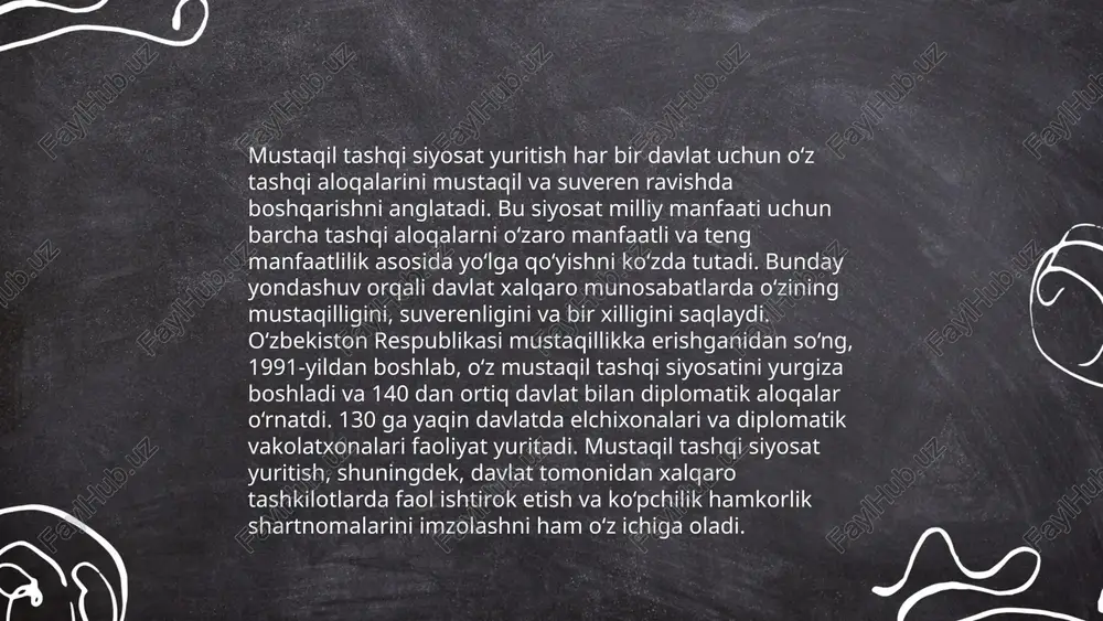 shkil etilgan. xalqaro tinchlikni saqlash harakatlarida 1948 yildan buyon 71 tinchlikparvar missiya amalga oshirildi. dunyo bo'ylab qurollanishni nazorat qilish maqsadida 190 dan ortiq davlat yadro qurolini tarqatmaslik to'g'risidagi kelishuvni imzolagan. 2023 yilda dunyoda 49 faol mojarolar mavjud bo'lib, ulardan 27 tasi afrika qit'asida joylashgan. xalqaro terrorizm 21-asrda xavfsizlikka tahdid yo'nalishida katta muammo sifatida qabul qilinmoqda. uzbekiston respublikasi tashqi siyosatining asosiy tamoyillari safarova sevinch e'tiboringiz uchun raxmat! image1.png image2.png image3.png image4.png image5.png image6.jpg image7.jpg /docprops/thumbnail.jpeg