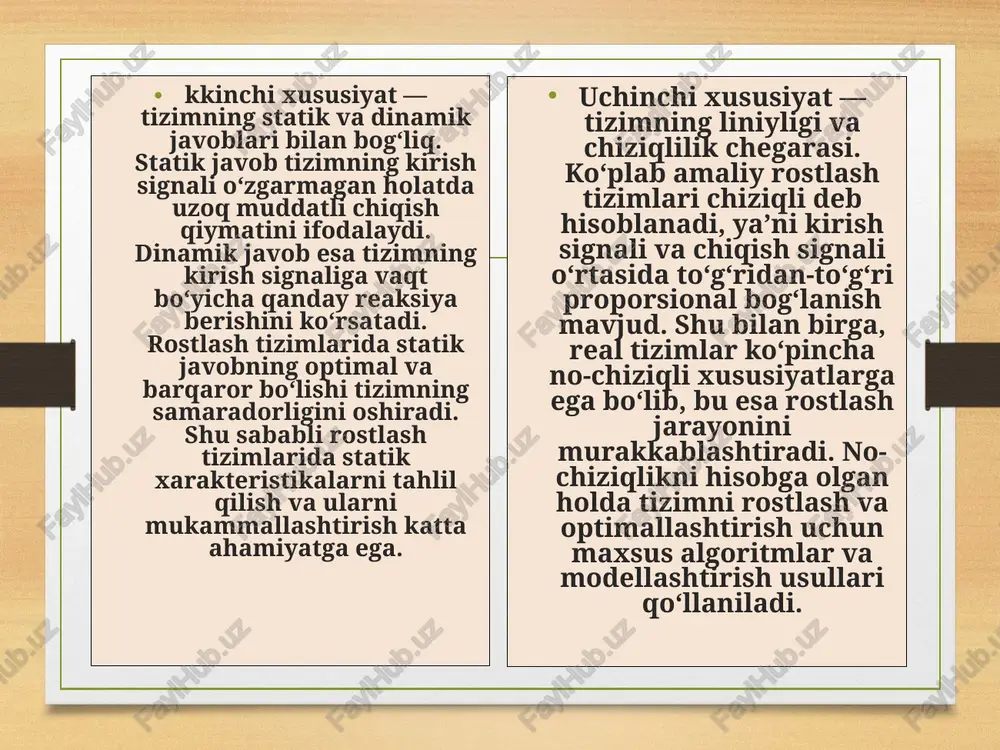ularning yuqori samaradorligi va barqaror ishlashiga bog‘liq. sanoat ishlab chiqarish jarayonlarida rostlash tizimlari mahsulot sifatini oshirish, energiya sarfini kamaytirish va ishlab chiqarish quvvatini maksimal darajaga yetkazish imkonini beradi. statik xarakteristikalarning mohiyati va ularning turlari boshqaruv tizimlari, avtomatlashtirish, sanoat jarayonlari va texnologik tizimlarni tahlil qilishda asosiy tushunchalardan biri hisoblanadi. statik xarakteristika deb, boshqaruv obyektining kirish signali va chiqish signali orasidagi doimiy, vaqtga bog‘liq bo‘lmagan munosabatni ifodalovchi matematik yoki grafik tavsif tushuniladi. boshqacha aytganda, statik xarakteristika tizimning uzoq muddatli barqaror holatini ifodalaydi va tizim parametrlarining kirish qiymatlariga qanday javob berishini ko‘rsatadi. statik xarakteristikalarni aniqlash va tahlil qilish boshqaruv tizimlarining samaradorligini oshirish, optimal ishlash nuqtalarini belgilash va resurslarni maqbul ishlatish uchun muhim ahamiyatga ega. statik xarakteristikalar boshqaruv tizimining barqarorligi, sezgirligi, chiziqliligi va xatolikka chidamliligini baholashda ham markaziy rol o‘ynaydi. statik xarakteristika tizimning kirish signali o‘zgarmagan holatda qanday barqaror chiqish qiymatiga ega bo‘lishini ko‘rsatadi. shu sababli, har bir boshqaruv tizimi va rostlash tizimi uchun …