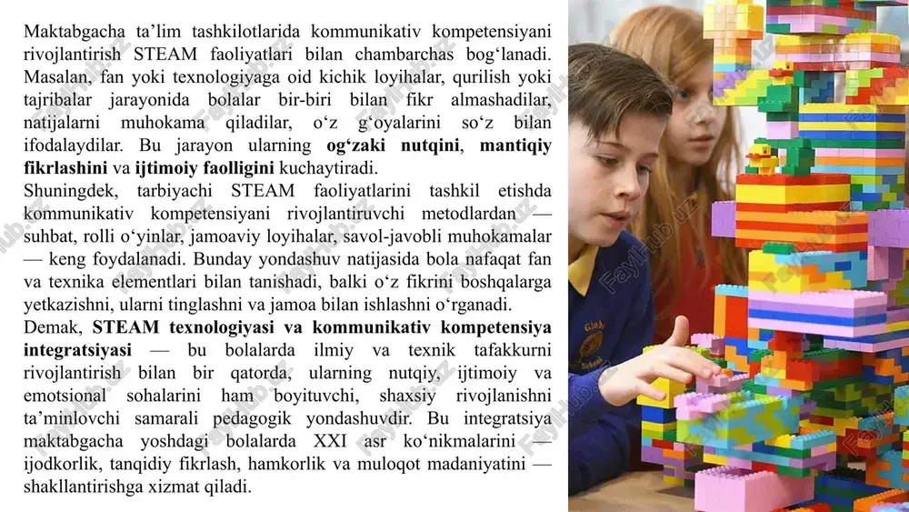 kiritilmoqda. jumladan, 2019-yilda “steam ta’limini rivojlantirish to‘g‘risida”gi qaror qabul qilinib, ushbu yo‘nalishda maxsus steam laboratoriyalari, texnoparklar va innovatsion markazlar tashkil etildi. shu asosda o‘qituvchilar uchun maxsus malaka oshirish kurslari yo‘lga qo‘yildi va o‘quv dasturlariga amaliy loyihalarga asoslangan darslar kiritildi. bugungi kunda o‘zbekistonning ko‘plab umumta’lim maktablari, akademik litseylar va hatto maktabgacha ta’lim muassasalarida ham steam yondashuvi asosida mashg‘ulotlar olib borilmoqda. bolalar fan, texnologiya va san’atni uyg‘unlashtirgan holda turli loyihalar yaratadi, tajribalar o‘tkazadi va ixtirolar ustida ishlaydi. steam fest birinchi xalqaro festivali bo‘lib o‘tdi birinchi xalqaro zamonaviy ta’lim usullari festivali o‘zbekiston respublikasi xalq ta’limi vazirligi ko‘magida nodavlat ta’lim muassasalari assotsiatsiyasi tomonidan o‘tkazildi. tadbir hamkorlari mind champ (o‘zbekiston) va new generation (ukraina). festivalni o‘tkazishdan asosiy maqsad, yoshlar orasida tabiiy fanlarni keng targ‘ib qilish hamda steam (science - fan, technology - texnologiya, engineering - muhandislik, art - san’at, math - matematika) ta’limi sohasidagi xorijiy mamlakatlar tajribasini o‘rganishni ta’minlashdir. steamning maqsadi - o‘quvchilar tafakkurini rivojlantirish …