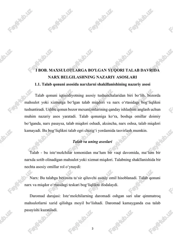 q bo‘lib, talabni kamaytiradi. past narx esa sotuvchilarni qoniqtirmasligi mumkin, bu esa mahsulot yetishmovchiligiga olib keladi. talab qonunining cheklovlari talab qonuni ideal bozor sharoitlarida ishlaydi, ammo real hayotda bir qator cheklovlar mavjud: prestijli mahsulotlar: ba‘zan narx oshishi bilan talab ham oshadi, chunki iste‘molchilar qimmat mahsulotni sifatliroq deb hisoblashadi. majburiy ehtiyoj mahsulotlari: bunday mahsulotlarga bo‘lgan talab narxga deyarli sezgir emas. masalan, dori-darmon yoki oziq-ovqat mahsulotlari. raqobat va monopoliyalar: ayrim bozorlarda monopoliyalar narxlarni sun‘iy ravishda oshirishi yoki pasaytirishi mumkin. talab qonunining amaliy ahamiyati talab qonuni iqtisodiy siyosat va biznes strategiyalarini ishlab chiqishda keng qo‘llaniladi: ishlab chiqarish qarorlari: korxonalar talabni o‘rganib, mahsulot hajmini belgilaydilar. narx belgilash: talab va narx o‘rtasidagi bog‘liqlikni tushunish kompaniyalarga raqobatbardosh narxlarni belgilash imkonini beradi. bozorni prognoz qilish: talabning o‘zgarishi iqtisodiy sharoitlarni tahlil qilish va kelajak rejalarini ishlab chiqishda yordam beradi. iste‘molchi xulq-atvorini tushunish: talab qonuni iste‘molchilarning xatti-harakatlari va ularning qarorlariga ta‘sir etuvchi omillarni aniqlashda muhim rol o‘ynaydi. talab qonuni …