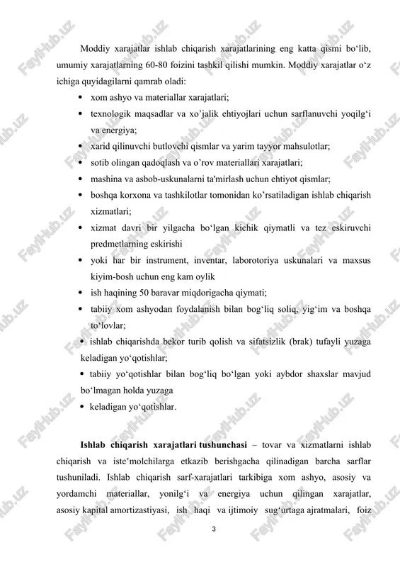 ashina va asbob-uskunalarni ta'mirlash uchun ehtiyot qismlar; · boshqa korxona va tashkilotlar tomonidan ko’rsatiladigan ishlab chiqarish xizmatlari; · xizmat davri bir yilgacha bo‘lgan kichik qiymatli va tez eskiruvchi predmetlarning eskirishi · yoki har bir instrument, inventar, laborotoriya uskunalari va maxsus kiyim-bosh uchun eng kam oylik · ish haqining 50 baravar miqdorigacha qiymati; · tabiiy xom ashyodan foydalanish bilan bog‘liq soliq, yig‘im va boshqa to‘lovlar; · ishlab chiqarishda bekor turib qolish va sifatsizlik (brak) tufayli yuzaga keladigan yo‘qotishlar; · tabiiy yo‘qotishlar bilan bog‘liq bo‘lgan yoki aybdor shaxslar mavjud bo‘lmagan holda yuzaga · keladigan yo‘qotishlar. ishlab chiqarish xarajatlari tushunchasi – tovar va xizmatlarni ishlab chiqarish va isteʼmolchilarga etkazib berishgacha qilinadigan barcha sarflar tushuniladi. ishlab chiqarish sarf-xarajatlari tarkibiga xom ashyo, asosiy va yordamchi materiallar, yonilgʻi va energiya uchun qilingan xarajatlar, asosiy kapital amortizastiyasi, ish haqi va ijtimoiy sugʻurtaga ajratmalari, foiz toʻlovlari va boshqa xarajatlar kiradi. ishlab chiqarishga qilingan barcha sarf-xarajatlarning puldagi ifodasi mahsulot …