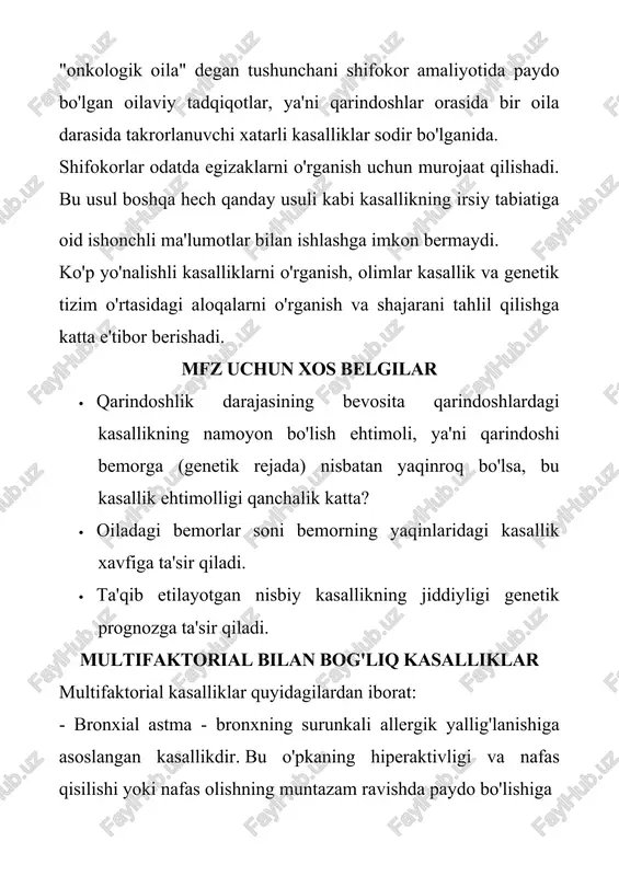 ota-onalar, turmush o'rtog'laridan biri kasallik mavjud; · jismoniy sog'lom bolali, lekin irsiy kasalliklarga chalingan qarindoshlari bo'lgan oilalar; · bemor bolaning aka-uka yoki opa-singillarining salomatligi uchun prognoz qilishni istagan ota-onalar; · homilador ayollarda g'ayritabiiy sog'liqqa ega bo'lish xavfi yuqori. 2. prenatal tashxis homilaning konjenital yoki irsiy patologiyasini prenatal aniqlash hisoblanadi. odatda, barcha homilador ayollar irsiy patologiyani istisno qilish uchun tekshirilishi kerak. buning uchun ultratovush tekshiruvi, homilador ayollar sarumini biokimyoviy tadqiqotlar qo'llaniladi. prenatal tashhis qo'yish uchun quyidagi ko'rsatmalar bo'lishi mumkin: · aniq aniqlangan irsiy kasallikning mavjudligi; · 35 yoshdan oshgan onaning yoshi; · ayollarning oldingi spontan aborti, noma'lum sabablarga ko'ra o'lik tug'ish. profilaktikaning ahamiyati tibbiy genetika har yili yaxshilanadi va irsiy kasalliklarning aksariyat qismini oldini olish uchun ko'proq imkoniyatlar yaratadi. har bir oilada sog'lig'iga duch kelgan muammolar xavfli bo'lgan narsalar va ular nimaga tayanishi mumkinligi haqida to'liq ma'lumot beradi. jamiyatning genetik va biologik xabardorligini oshirish, inson hayotining barcha bosqichlarida sog'lom imgini targ'ib …