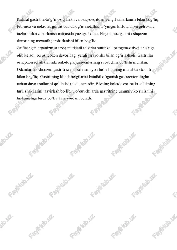 ismi jarrohlik bilan olib tashlangandan keyin rivojlanadi. · kimyoviy gastrit. oshqozon shilliq qavati oqsiliga qarshi agressiv xususiyatlarga ega bo’lgan kimyoviy moddalarni tasodifiy yoki atayin yutish natijasida rivojlanadi. · noma’lum kelib chiqishli gastritlar. professional tibbiyotda gastritning boshqa tasniflari, shu jumladan patogenez turiga bog’liq turlari farqlanadi: · autoimmun gastrit (a turi); · helicobacter pylori tomonidan qo’zg’atilgan ekzogen gastrit (b turi); · aralash gastrit (a + b turi); · nyqp, kimyoviy moddalar va safro tomonidan qo’zg’atilgan gastit (c turi); · gastritning maxsus shakllari; · xlorid kislota sekretsiyasining kamayishi va ortishi fonida yuz bergan gastrit; · gastritning morfologik va funktsional ko’rinishlarining boshqa shakllari. ularning farqlanishi kasallik tashxislanishi bosqichida murakkab tibbiy laboratoriya yoki instrumental usullardan foydalanishni o’z ichiga oladi. shuning uchun taxminan bir xil klinik belgilarga ega bo’lgan, ammo patogenezning chuqur mexanizmlari bilan farq qiluvchi gastritning ta’rifi o’quvchilarga qiziq emas. gastritning asosiy belgilari va alomatlariga batafsil to’xtalib o’tamiz. bu insonlar uchun tibbiy muassasaga murojaat qilish …