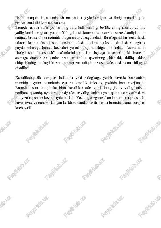 tr shifokor pirke “allergiya” atamasini klinik amaliyotga birinchi marta joriy etdi. pirke ko‘pgina kishilarning organizmi befarq bo‘ladigan moddalarga nisbatan ayrim odamlarning organizmi o‘ta sezgir bo‘lishini payqadi. uning ta’kidlashicha astma allergik kasallik hisoblanib, bu – organizmning ayrim ta’sirlarga javoban odatdan tashqari, ya’ni boshqacha tarzda javob berishidir. dard qo‘zg‘atuvchi “tangacha”lar bronxial astma juda ko‘p sabablarga ko‘ra kelib chiqadi. barcha allergik kasalliklardagi kabi bronxial astma ham “allergen” deb ataladigan ba’zi moddalarga organizm sezgirligining oshishi tufayli paydo bo‘ladi. allergenlar organizmga nafas, ovqat hazm qilish yo‘llari, teri va shilliq pardalar orqali kirishi mumkin. unutmaslik kerakki, allergenlar bronxial astmadan tashqari eshakem, kon’yunktivit, rinit, migren singari kasalliklarni ham keltirib chiqaradi. olimlarning kuzatish natijalariga ko‘ra, quyidagilar bronxial astma xurujlarini qo‘zg‘atadi: mushuk, it junlari, uyda boqiladigan qush va parrandalarning patlari; akvariumdagi baliqlar tangachalari, shuningdek ularga oziqa sifatida beriladigan dafniya tolqonlari; tuxum, shokolad, asal, qulupnay, apelsin, yong‘oq singari iste’mol mahsulotlari; kundalik turmushda ishlatiladigan kimyoviy moddalar (masalan kir yuvish vositalari, hasharotlarga …