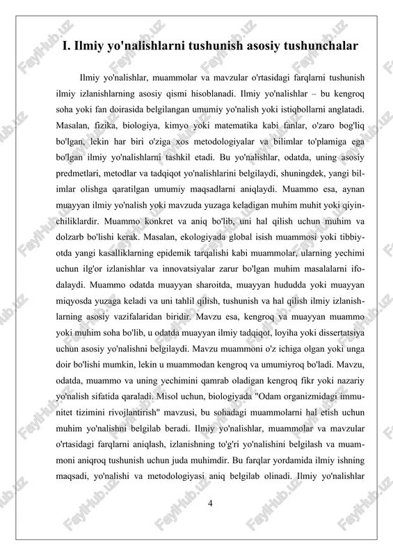 ilmiy yo‘nalishlarni tushunish uchun asosiy tushunchalarni quyidagicha kengroq yoritib beraman. ilm-fan tabiiy, ijtimoiy va gumanitar fanlar sifatida katta guruhlarga bo‘linadi. tabiiy fanlar materiya, energiya va tabiat hodisalarini o‘rganadi. masalan, fizika koinotning asosiy qonunlarini, kimyo moddalarning o‘zaro ta’sirini, biologiya esa tirik organizmlarni tahlil qiladi. ijtimoiy fanlar jamiyat va inson xatti-harakatlariga e’tibor qaratadi, bunga sotsiologiya, psixologiya, iqtisodiyot kabi sohalarni kiritish mumkin. gumanitar fanlar esa insoniyatning madaniy, tarixiy va falsafiy merosini o‘rganadi, masalan, tarix, adabiyot va falsafa. ilmiy yo‘nalishlarning asosiy maqsadi – dunyoni tushunish va undagi qonuniyatlarni aniqlash. bu jarayonda ilmiy usul deb ataladigan tizimli yondashuv qo‘llaniladi. ilmiy usul kuzatuv, faraz (gipoteza) shakllantirish, tajriba o‘tkazish, ma’lumotlarni tahlil qilish va xulosa chiqarish kabi bosqichlarni o‘z ichiga oladi. masalan, bir hodisani tushunish uchun olim avval kuzatuvlar olib boradi, so‘ngra bu kuzatuvlar asosida faraz qiladi va tajribalar orqali bu farazni sinab ko‘radi. agar natijalar farazni tasdiqlasa, u umumiy xulosaga aylanadi, aks holda yangi farazlar ishlab chiqiladi. …