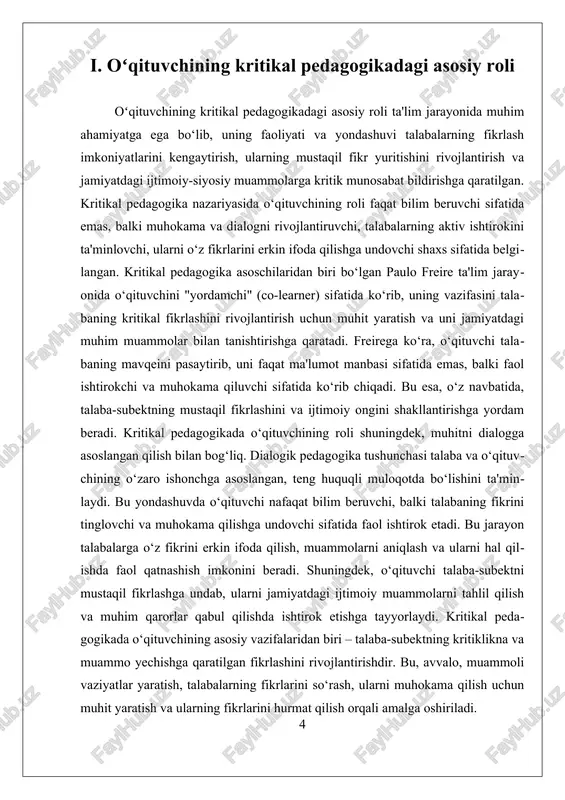 ng asosiy roli — o‘quvchini mustaqil fikrlashga, mavjud ijtimoiy va madaniy holatlarni savol ostiga olishga, fikr bildirishga va o‘z hayotidagi faol subyektga aylanishga ragʻbatlantirishdan iborat. o‘qituvchi bu jarayonda o‘z fikrini majburlamaydi, aksincha o‘quvchilarning fikrlash doirasini kengaytiradi, savollar beradi, ularni muammolar ustida o‘ylashga undaydi. birinchidan, u o‘z o‘quvchilarini passiv bilim oluvchilar sifatida emas, balki faol bilim yaratuvchilar deb biladi. shuning uchun dars jarayonida o‘quvchilarning hayotiy tajribasi, qarashlari va dunyoqarashi muhim manba sifatida e’tirof etiladi. o‘qituvchi bu tajribalarni inobatga olgan holda o‘quv dasturini tanqidiy yondashuv asosida olib boradi. ikkinchidan, o‘qituvchi ijtimoiy adolat masalalarini muhokamaga olib chiqadi. darsda inson huquqlari, tenglik, gender, siyosiy ong, ijtimoiy farqlar kabi mavzular ochiq va erkin muhokama qilinadi. bu orqali o‘quvchilar ijtimoiy hayotdagi muammolarni tan olishni, ularni tahlil qilishni va ularga nisbatan o‘z pozitsiyasini shakllantirishni o‘rganadi. uchinchidan, o‘qituvchi o‘zini ham o‘rganayotgan subyekt sifatida ko‘radi. u o‘z bilim va qarashlarini so‘zsiz haqiqat sifatida qabul qildirmaydi. aksincha, u o‘quvchilar bilan …