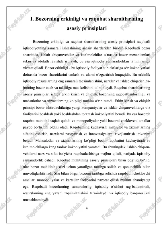 ini ta’minlash uchun asosiy omil bo‘lib xizmat qiladi. bozorning erkinligi va raqobat sharoitlarining asosi bo‘lgan bu prinsiplarga amal qilish, iqtisodiy tizimning barqaror va samarali ishlashining kafolati hisoblanadi. ii. raqobatli bozorlarning samaradorligini oshirish usullari va amaliyoti raqobatli bozorlarning samaradorligini oshirish usullari va amaliyoti iqtisodiy rivojlanishning muhim omilidir. raqobat sharoitida bozorlar resurslarni eng samarali tarzda taqsimlash, mahsulot va xizmatlarning sifatini oshirish hamda narxlarni raqobatbardosh qilish imkoniyatiga ega bo‘ladi. bu jarayonlar iqtisodiyotda erkin raqobat muhitini yaratish va uni saqlash bilan bog‘liq bo‘lib, ular orqali bozor samaradorligi oshirilib, iqtisodiy o‘sishga turtki bo‘lishi mumkin. birinchidan, bozor erkinligini ta'minlash muhimdir. bu erda davlatning aralashuvi minimal bo‘lib, raqobatni cheklovchi va monopoliyalarga yo‘l qo‘ymaydigan tartibga solish choralari amalga oshiriladi. bozor erkinligini ta'minlash uchun monopoliyalar va raqobatni cheklovchi amallarni oldini olish, me’yoriy hujjatlarni takomillashtirish va raqobat muhitini nazorat qilish muhim ahamiyatga ega. bunday choralar bozorning tabiiy ravishda raqobatga asoslangan ishlashini ta'minlaydi va yirik kompaniyalar yoki monopoliyalarning bozor ulushini kamaytiradi. …