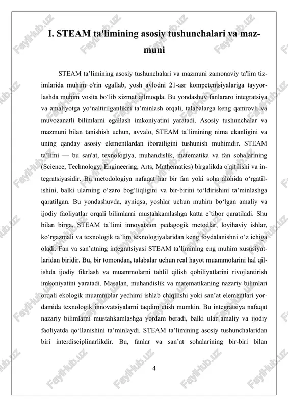 huv orqali nafaqat bilimlar mustahkamlanadi, balki yoshlar ijodkorligi va texnologik rivojlanishdagi muhim qobiliyatlari ham rivojlanadi, bu esa kelajakdagi mutaxassislar uchun muhim asos bo‘lib xizmat qiladi. ii. teoriyadan amaliyotgacha: integratsiya va innovatsiya steam ta’limining asosiy maqsadlaridan biri — nazariy bilimlarni amaliy faoliyat bilan birlashtirish va innovatsion yondashuvlarni keng qo‘llashdir. bu jarayon, avvalo, ta’limning interdisiplinar asoslarini chuqur tushunishni va ularni kundalik hayotdagi muammolarni hal qilishda qo‘llashni taqozo etadi. steam yondashuvi, san’at va fan sohalarining integratsiyasiga asoslangan bo‘lib, bu jarayon yoshlarni keng qamrovli va muvozanatli bilim bilan ta’minlashga xizmat qiladi. bu yerda, nazariy bilimlar va amaliy tajribalar o‘rtasidagi uzviy bog‘liqlik muhim ahamiyat kasb etadi, chunki ular yoshlarning ijodkorlik va muammolarni hal qilish qobiliyatlarini rivojlantirishga yordam beradi. integratsiya jarayoni, avvalo, fan va san’at sohalarining o‘zaro bog‘liqligini aniqlash va ularni yagona ta’lim platformasiga birlashtirishdan boshlanadi. bu jarayon, o‘qituvchilarga yangi pedagogik metodlar va texnologiyalarni joriy etishni, shuningdek, loyiha asosidagi ta’limni rivojlantirishni talab qiladi. misol uchun, muhandislik …