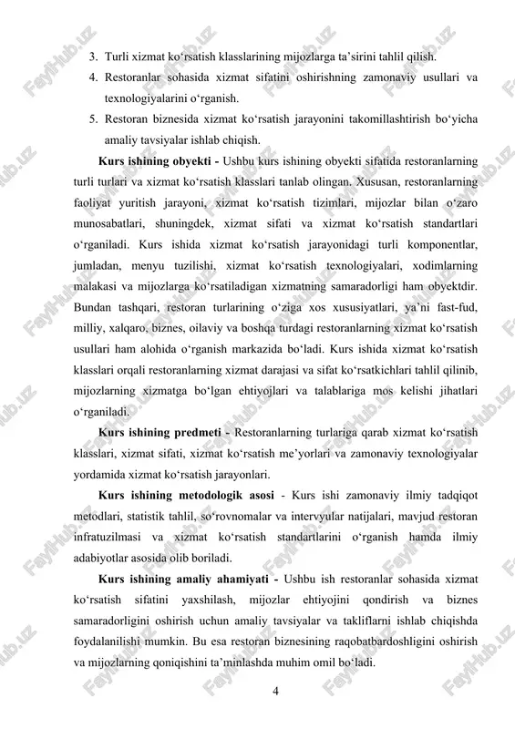 turlardan biri — tez ovqatlanish restoranlari. bu restoranlarda mijozlarga tez va samarali xizmat ko‘rsatiladi, menyu oddiy va tez tayyorlanadigan taomlardan iborat bo‘ladi. bu turdagi restoranlar asosan shahar markazlarida yoki ko‘p odam o‘tadigan joylarda joylashgan bo‘lib, asosan fast-fud sifatida tanilgan. ularning asosiy xususiyati — tezlik, qulaylik va arzon narxlar hisoblanadi. bu joylarda xizmat odatda kassa orqali amalga oshiriladi, mijoz o‘ziga yoqqan taomni tanlab, tez orada oladi. keyingi bir tur — kafe va kafe-restoranlar. ular ko‘proq o‘rtacha narxlardagi ovqatlanish joylari bo‘lib, mijozlarga shinam muhit, sifatli xizmat va ko‘p turlik taomlar taklif etadi. kafe odatda kichikroq joyda joylashgan bo‘lib, ichimliklar, yengil taomlar, desertlar bilan xizmat ko‘rsatadi. kafe-restoranlarda esa taomlarning assortimenti kengroq bo‘lib, mijozlarga to‘liq ovqatlanish imkoniyati beriladi. bu turdagi restoranlarda odatda stolga xizmat ko‘rsatiladi, ba’zi holatlarda esa o‘z-o‘zidan ovqat olish imkoniyati ham mavjud. restoranlarni narx darajasi va xizmat sifati bo‘yicha ham tasniflash mumkin. masalan, hashamatli restoranlar yoki yuqori darajadagi restoranlar — bu yerda …