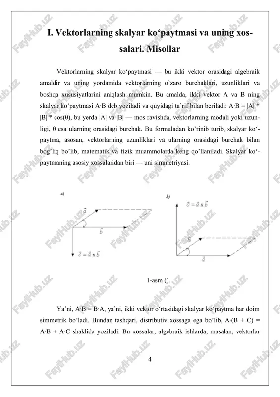 ytmasi ikki vektor bilan ifodalanadi va ularning geometrik xususiyatlariga asoslangan holda tushuntiriladi. 2-asm (). bu operatsiya ikki vektor, masalan, \(\vec{a}\) va \(\vec{b}\), bilan bajarilganda, natija vektor emas, balki skalyar bo‘ladi. vektor koʻpaytmasining asosiy xossalaridan biri — uning qiymati ikki vektor orasidagi burchak bilan bog‘liq bo‘lib, quyidagicha ifodalanadi: \(\vec{a} \times \vec{b} = |\vec{a}| |\vec{b}| \sin \theta \, \vec{n}\), bu yerda \(\theta\) — vektorlar orasidagi burchak, \(\vec{n}\) esa, ularning perpendikulyar yo‘nalishini belgilovchi bir birlik vektordir. bu yerda, \(\sin \theta\) funktsiyasi, vektorlar orasidagi burchakning kattaligiga bog‘liq bo‘lib, uni aniqlashda yordam beradi. vektor koʻpaytmasining asosiy xossalaridan biri — uning skalar sifatida qiymati, vektorlar orasidagi burchakning kosinusiga bog‘liq bo‘lgan skalyar koʻpaytmadan farqli o‘laroq, sinus bilan ifodalanadi. bu xossa, ayniqsa, vektorlarning perpendikulyarligini aniqlashda muhimdir. agar \(\vec{a} \times \vec{b} = \vec{0}\), demak, vektorlar parallel yoki bir-biriga teng bo‘lgan burchak ostida joylashgan. shuningdek, vektor koʻpaytmasi antisimetriya xususiyatiga ega: \(\vec{a} \times \vec{b} = - (\vec{b} \times \vec{a})\). bu xossa, …