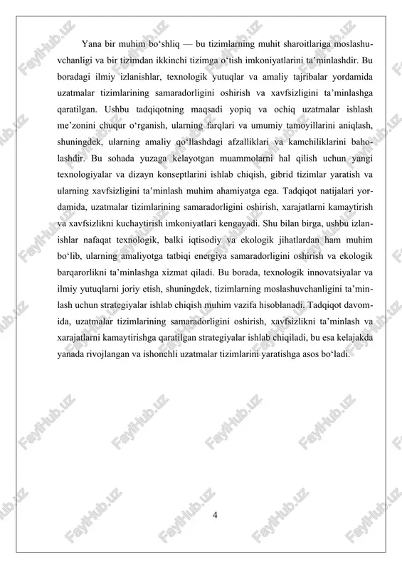 shqi muhit bilan to‘g‘ridan-to‘g‘ri aloqa qilish ularni tashqi aralashuvlar, shovqin, yoki tashqi ta'sirlarga qarshi himoyasiz qiladi. bu esa, ayniqsa, signalning sifati va xavfsizlik uchun muammo tug‘dirishi mumkin. masalan, atmosfera shovqini, elektromagnit aralashuvlar yoki fiziki ta'sirlar ochiq uzatmalar uchun xavf tug‘diradi. yopiq va ochiq uzatmalar ishlash me'zoni o‘rtasidagi farqlarni chuqurroq anglash uchun, ularning ishlash prinsiplari, samarasizliklari va texnologik imkoniyatlarini tahlil qilish zarur. yopiq tizimlar odatda yopqich va muhrlangan bo‘lib, signallar yoki energiya tashish jarayonlarining muhofazasi va xavfsizligini ta'minlaydi. bu esa, ularni yuqori xavfsizlik talab qilinadigan sohalarda, masalan, bank tizimlari yoki davlat muhofazasi uchun ideal qiladi. ochiq tizimlar esa, asosan, iqtisodiy va texnik jihatdan qulay bo‘lib, keng tarqalgan va ko‘p hollarda texnik muammolarni hal qilish uchun foydalaniladi. hozirgi kunda, texnologik rivojlanish bilan, murakkab shart-sharoitlarda ishlash uchun hamkorlik qiladigan aralash tizimlar (hybrid tizimlar) ishlab chiqilmoqda. bu tizimlar yopiq va ochiq uzatmalar me'zoni bilan birga, ularning afzalliklarini birlashtirishga intiladi. masalan, energiya ta'minoti va ma'lumot …