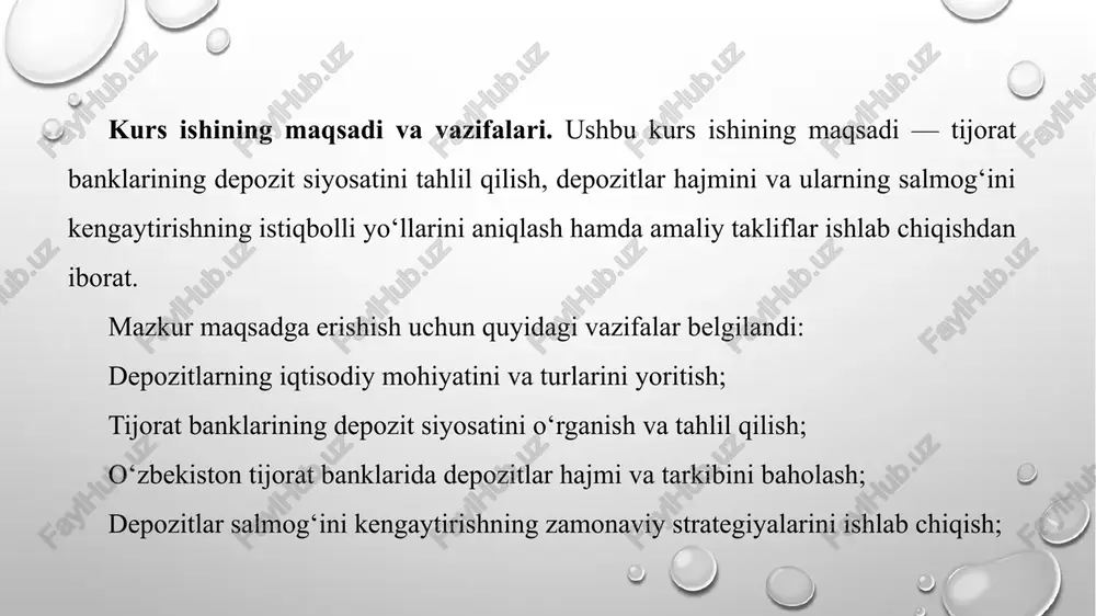 hni kengaytirishga, iste’mol kreditlariga va boshqa iqtisodiy ehtiyojlarga yo‘naltiradi. depozitlarning shakllanish jarayoni ko‘p jihatdan makroiqtisodiy sharoitlar, davlat siyosati, bank tizimining ishonchliligi, foiz stavkalari darajasi, inflyatsiya sur’atlari, aholining daromad darajasi va moliyaviy madaniyatiga bog‘liq. masalan, iqtisodiyotda barqarorlik yuqori bo‘lsa, inflyatsiya past bo‘lsa, aholining bank tizimiga ishonchi ortadi va natijada depozitlar hajmi ham o‘sadi. 2.1 depozitlar bazasini kengaytirishning zamonaviy usullari va strategiyalari depozitlar bazasini kengaytirishning zamonaviy usullari va strategiyalari bugungi kunda bank tizimining barqarorligi, raqobatbardoshligi hamda moliyaviy resurslar hajmini oshirishda hal qiluvchi omil sifatida qaraladi. depozit bazasi tijorat banklarining asosiy moliyaviy manbai bo‘lib, uning hajmi va barqarorligi bankning kredit siyosatini, investitsiya faoliyatini, to‘lov qobiliyatini va umuman olganda, moliyaviy barqarorligini belgilaydi. shuning uchun ham zamonaviy bank tizimida depozit bazasini kengaytirish, uni uzoq muddatli, barqaror va diversifikatsiyalangan shaklda saqlash eng muhim strategik yo‘nalishlardan biridir. bugungi global moliyaviy tizimda tijorat banklari o‘rtasidagi raqobat kuchayib bormoqda. har bir bank o‘ziga yangi mijozlarni jalb etish va mavjud …