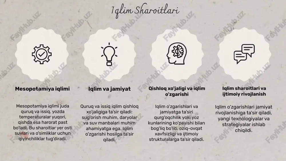 . resurslar va ijtimoiy tizimlar resurslar va ijtimoiy strukturalar resurslar va tabaqalanish misollar va ta'sirlar resurslar va ijtimoiy tizimlar qadimgi jamiyatlarning ijtimoiy tabaqalanishi ularning iqtisodiy va siyosiy tuzilmalariga tayanadi. farqlar yoshi, kasb va boylik bilan belgilanadi. ijtimoiy qatlamlar o'zaro aloqalar va ajralishlar orqali jamiyatning barqarorligini ta'minlaydi. bu qatlamlar orasidagi muloqot ijtimoiy struktura hosil qiladi. mesopotamiyada ijtimoiy tabaqalar qat'iy bo'lib, hukmronlar, dini rahbarlar, savdogarlar va dehqonlar o'rtasida ajralish mavjud edi. bu hokimiyatni ta'minlagan. tabaqaviy jamiyatlar uchun iqtisodiy resurslar va siyosiy hokimiyat muhim. mesopotamada yuqori tabaqalar—shohlar va dini rahbarlar, pastda dehqonlar bo'lgan. tabaqalar va ularning o'zaro aloqalari jamiyatda tabaqalanish omillari mesopotamiyada ijtimoiy tabaqalar shakllanish va ta'sirlar qadimgi jamiyatlar va ijtimoiy tabaqalanish ijtimoiy tabaqalanishning asosiy sabablari ijtimoiy tabaqalanishning asosiy sabablari iqtisodiy, siyosiy va madaniy omillarga bo'linadi. bu omillar jamiyatda resurslar, boyliklar va qudratning taqsimoti va ijtimoiy qatlamlarning shakllanishiga ta'sir qiladi. iqtisodiy sabablar iqtisodiy sabablarga boylikning taqsimoti, resurslar va boyliklar egasi bo'lish, yer va …