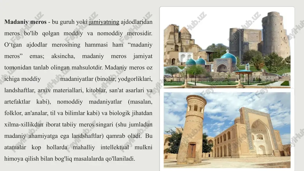 gidlar va boshqa xizmat ko'rsatuvchilar uchun imkoniyatlar yaratadi. 10 madaniy meros tushunchasi va uning turlari madaniy meros insoniyat taraqqiyotining eng muhim boyliklaridan biri hisoblanadi. u jamiyatning tarixiy xotirasini saqlovchi, avloddan-avlodga o‘tib keladigan moddiy va ma’naviy qadriyatlarni o‘z ichiga oladi. madaniy meros tushunchasi keng qamrovli bo‘lib, unda xalqning yashash tarzi, an’analari, diniy qarashlari, san’ati, adabiyoti, ilm-fani, me’morchiligi va hatto urf-odatlari ham mujassamdir. har bir xalqning o‘ziga xos madaniy merosi uning milliy o‘zligining poydevori, tarixiy xotirasi va kelajak avlodlar uchun bebaho saboq manbai sifatida xizmat qiladi. shu bois, madaniy merosni asrab-avaylash, uni chuqur o‘rganish va kelajak avlodlarga yetkazish eng muhim vazifalardan biridir. 11 madaniy meros ikki katta turga ajratiladi. birinchisi moddiy merosdir. moddiy merosga tarixiy yodgorliklar, qadimiy shaharlar, me’moriy inshootlar, haykallar, qo‘lyozmalar, san’at asarlari, xalq amaliy san’ati namunalari kiradi. masalan, samarqand, buxoro, xiva kabi shaharlardagi madrasa, masjid va maqbaralar, registon majmuasi, ichan qal’a, shohizinda yodgorliklari moddiy meros namunalaridir. ular xalqning qadimdan qanday …