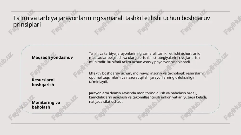 'lumotlar sifatida ishlatiladi. bu yondashuv muammolarni aniqlash va yaxshilash imkonini beradi. boshqaruvni takomillashtirish uchun yangi tendensiyalar va ilg'or amaliyotlar innovatsion yondashuvlar zamonaviy boshqaruvda innovatsion texnologiyalar va metodologiyalar muhim ahamiyat kasb etadi. digital platformalar va analitik vositalar yordamida qarorlar yanada aniq va samarali qabul qilinadi. texnologik integratsiya boshqaruv jarayonlariga zamonaviy texnologiyalarni joriy etish orqali vaqt va resurslarni tejash, shuningdek, muassasa faoliyatini oshirish mumkin. bu, ayniqsa, raqamli transformatsiya davrida muhim. xalqaro tajribalar xalqaro amaliyotlarni o‘rganish va ularni o‘zbekiston sharoitlariga moslashtirish orqali boshqaruv tizimining samaradorligini oshirish mumkin. bu, yangi tendensiyalarni joriy qilishda muhim asosdir. zamonaviy universitet boshqaruvida strategik yondashuvlar va muhim tamoyillar strategik rejalashtirish innovatsion yondashuvlar hamkorlik va hamjihatlik zamonaviy universitet boshqaruvida samarali strategik rejalashtirish muhimdir. u rivojlanish yo‘nalishini belgilab, resurslarni optimal taqsimlash imkonini beradi. yangi texnologiyalar va metodologiyalar bilan integratsiya qilish, innovatsion yondashuvlar universitetning raqobatbardoshligini oshiradi va rivojlanishiga turtki bo‘ladi. ochiq muloqot va hamkorlik muhitini yaratish, barcha tomonlarning fikr va ehtiyojlarini inobatga …