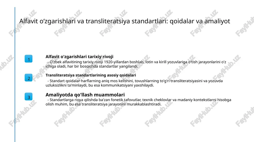 avjud bo‘lib, ular orasida tanqidlar va muammolar yuzaga kelishi mumkin. muayyan qoidalar va usullarni belgilash muhimdir. 3 matnni aniqlik bilan o'tkazish - muammolarni hal qilish uchun, transliteratsiya jarayonida fonetik va morfologik tafovutlarni inobatga olib, aniq va standart qoidalarga amal qilish lozim. oʻzbek tilida yozish va yozishni ingilish yoki kirill yozuviga oʻtkazish qoidalarining ahamiyati. yozish qoidalarining ahamiyati transliterationning roli madaniy va lingvistik muhimlik to'g'ri yozish qoidalari tilning aniq va ravon ifodalanishini ta'minlaydi, madaniyat va tarixni saqlashda muhim rol o'ynaydi, shuningdek, yozma kommunikatsiyani rivojlantiradi. yozuvlarni ingliz yoki kirill yozuviga o'tkazishda standartlashtirilgan transliteratsiya qoidalari tilning to'g'ri tarjima va tushunilishini ta'minlaydi, tillararo muloqotni soddalashtiradi. o'zbek tilida yozish va transliteratsiya jarayonlari madaniyatni saqlash va rivojlantirishga yordam beradi, shuningdek, xalqaro aloqalarni kengaytirishga imkon yaratadi. alfavit oʻzgarishlar va transliteratsiya standartlarining madaniyatni saqlashdagi roli. 1 madaniyatni saqlashda o’rni alfavit oʻzgarishlari va transliteratsiya standartlari, milliy madaniyat va tarixiy an'analarni saqlashda muhim rol oʻynaydi, bu orqali avlodlar o’rtasida madaniy bog’lanish …
