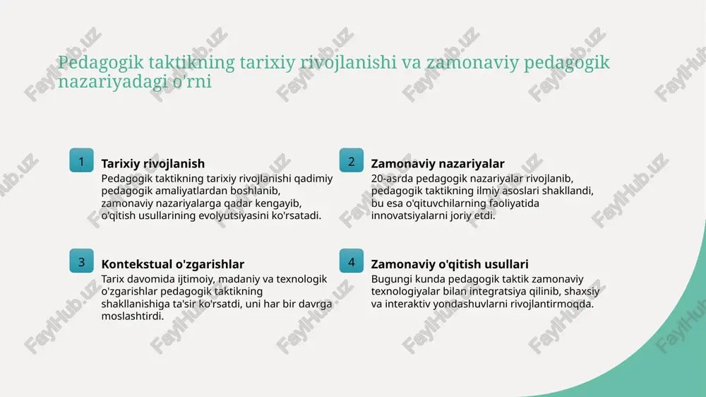 rlik ko‘nikmalarini rivojlantiradi va ijtimoiy muhitda muvaffaqiyatli bo‘lishlariga yordam beradi. pedagogik taktikning shaxsiy va madaniy kontekstdagi mohiyati 1 shaxsiy kontekst pedagogik taktik shaxsiy xususiyatlar va tajribalar bilan bog‘liq bo‘lib, har bir o‘qituvchining individual uslubini va yondashuvini rivojlantiradi, bu esa o‘quv jarayonini optimallashtiradi. 2 madaniy ta’sir madaniyat va an’analarga asoslangan pedagogik taktik, o‘quvchilar bilan bo‘lgan muloqotni boyitadi, milliy qadriyatlarni hisobga olgan holda, mehr-muhabbatni kuchaytiradi. 3 moslashuvchanlik shaxsiy va madaniy kontekstda pedagogik taktik moslashuvchanlikni ta’minlaydi, bu esa har xil o‘quv muhitlari va talablariga mos ravishda pedagogik yondashuvlarni shakllantiradi. 4 rivojlanish imkoniyati pedagogik taktik shaxsiy va madaniy kontekstda rivojlanish uchun imkoniyatlar yaratadi, o‘qituvchilarga o‘z metodlarini takomillashtirish va madaniyatga moslashishda yordam beradi. pedagogik taktikning xalqaro madaniyatlarda o'rni va ahamiyati 1 xalqaro madaniyatlar bilan moslashuv - pedagogik taktiklar madaniy xilma-xillikka moslashib, o‘qituvchilar va talabalar uchun global ta’lim muhitida samarali muloqotni ta’minlaydi. bu, o‘z navbatida, madaniyatlararo tushunishni rivojlantiradi. 2 madaniyatlararo muloqotdagi roli - pedagogik taktiklar madaniyatlararo …