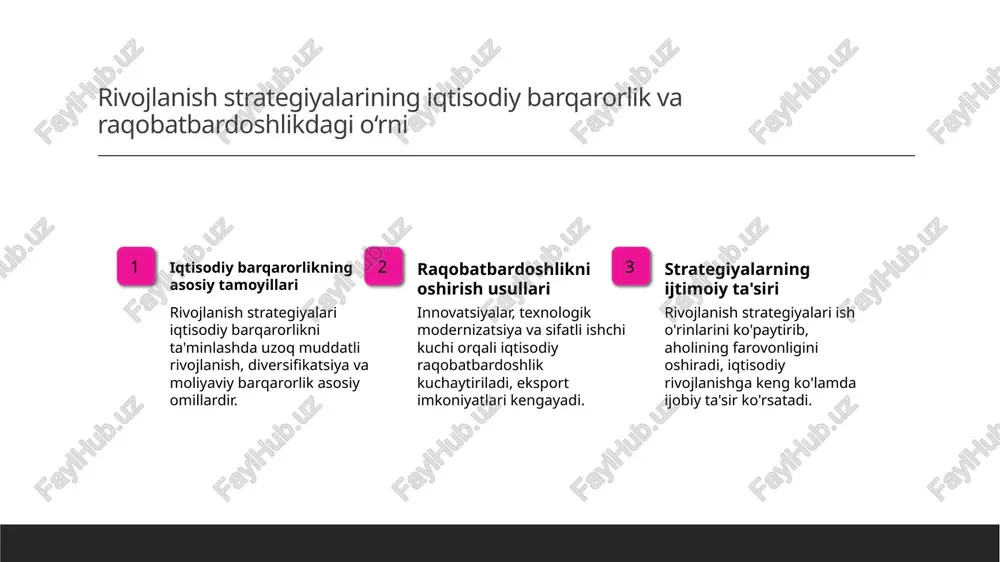 tegik hamkorlikni rivojlantirib, mintaqaviy barqarorlik va iqtisodiy o'sishga xizmat qiladi. 3 yangi imkoniyatlar o'zbekistonning diplomatik yutuqlari xalqaro tashkilotlar va investitsiyalar uchun yangi imkoniyatlar yaratib, mamlakatning rivojlanish yo'lini kengaytirdi. xulosa 1 iqtisodiy islohotlar va strategik rivojlanish mirziyoyevning iqtisodiy islohotlari ochiqbozlik, raqobat va innovatsiyalar tamoyillariga asoslanib, mamlakat iqtisodiy samaradorligini oshirdi va rivojlantirdi. 2 madaniyat va ta'lim bilan milliy identitetni kuchaytirish madaniyat va ta'lim siyosati yoshlarni milliy g‘urur va vatanparvarlik ruhida tarbiyalashda muhim rol o‘ynaydi, milliy ongni kengaytiradi va mustahkamlaydi. 3 tashqi siyosat va mintaqaviy hamkorlikdagi yutuqlar mirziyoyevning tashqi siyosat strategiyalari mintaqaviy barqarorlikni ta'minlab, xalqaro hamkorlikni rivojlantirish orqali o‘zbekistonning dunyo maydonidagi o‘rnini mustahkamladi. foydalanilgan adabiyotlar 1. o'zbekiston respublikasi prezidenti shavkat mirziyoyev. iqtisodiy islohotlar va rivojlanish strategiyalari. o'zbekiston milliy ensiklopediyasi, 2022. 2. islomov a. madaniyat, ta'lim va modernizatsiya jarayonlari. toshkent: o'zbekiston davlat tarixi muzeyi, 2021. 3. mustafaeva d. hududiy hamkorlik va tashqi siyosatdagi yutuqlar. xalqaro munosabatlar va diplomatiya, 2023. 4. qodirova s. o'zbekistonning rivojlanish …