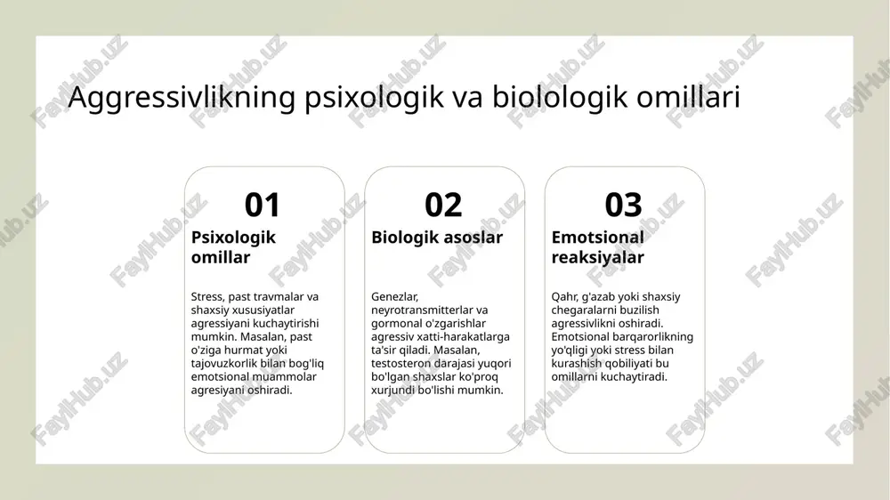 adi. ijtimoiy rollar va gender asosida agressivlikning namoyon bo'lishi 01 jinsiy rollar va agressiya jinsiy rollar agressiyani namoyon qilishda muhim rol o'ynaydi. erkaklar ko'pincha kuchli va dominanta bo'lishi, ayollar esa odatda mehribonlik va pasaytirish bilan bog'liq. 02 madaniy normalar va stereotiplar uzbek jamiyatida erkaklar va ayollarga nisbatan an'anaviy stereotiplar agressivlik shakllarini belgilaydi. erkaklar ko'proq jismoniy va yozma agressiyani ko'rsatishadi. 03 gender rollarining agressiyaga ta'siri gender rollari agressiyani boshqarish va namoyon bo'lish usullariga ta'sir qiladi. erkaklar ko'proq agressiv xatti-harakatlarni qabul qilinadi, ayollar esa odatda ichki muammolarni yashirishadi. mahalliy urf-odatlar va madaniy normalar bilan agressivlik muvozanati 1 mahalliy urf-odatlar va agressiya o'zbek madaniyatida urf-odatlar va an'analarning agressivlik bilan muvozanati muhim. ba'zan, murosa yoki hurmatni saqlash uchun agressiv xatti-harakatlar qabul qilinadi. 2 madaniy normalar va qabul qilish o'zbek jamiyatida normalar, odatda, murosa va odob-axloqni rivojlantiradi. ba'zi holatlarda, qat'iylik va o'z-o'zini himoya agresivlikni oshirishi mumkin. 3 ijtimoiy rollar va muvozanat mahalliy urf-odatlar shaxslararo munosabatlarda …