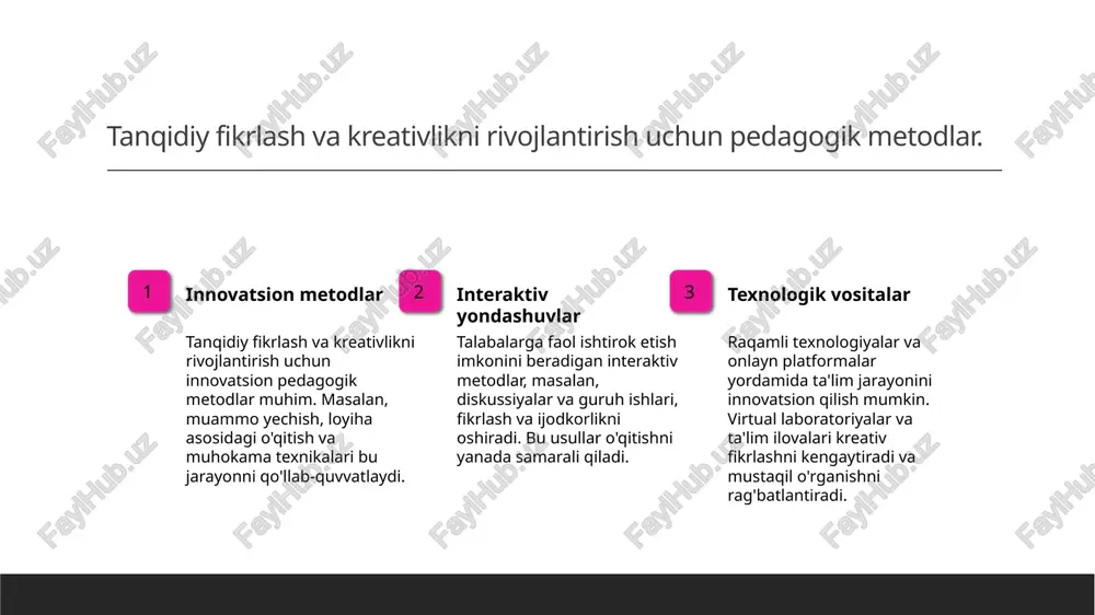 mida ta'lim jarayoni onlayn va masofadan amalga oshiriladi. bu, ta'limni kengroq auditoriyaga vaqti va joyidan qat'iy nazar yetkazishga imkon beradi. virtual haqiqat, simulyatsiyalar va interaktiv dasturlar orqali o'quvchilarga real hayotga yaqin muhitlar taqdim etiladi. bu, tanqidiy fikrlash va kreativlikni rivojlantirishda muhim rol o'ynaydi. talabalarda mustaqil fikrlash va muammoni hal qilish ko'nikmalarini rivojlantirish 1 mustaqil fikrlash rivoji - talabalarda mustaqil fikrlash ularni muammolarni mustaqil tahlil qilish va qaror qabul qilish qobiliyatini oshiradi, bu esa ularning akademik va amaliy hayotdagi muvaffaqiyatlarini ta'minlaydi. 2 muammo hal qilish qobiliyati - muammoni hal qilish ko'nikmalari shaxslarning kreativ va kritikal yondashuvlarini rivojlantiradi, murakkab vaziyatlarda samarali strategiyalar ishlab chiqishga yordam beradi. 3 innovatsion yondashuvlar - innovatsion metodlar va interaktiv mashg'ulotlar talabalarning fikrlash jarayonini faollashtiradi, ularni mustaqil fikrlash va muammo yechishga tayyorlaydi. kreativ yondashuvlarning natijalari va ta'lim jarayoniga ta'siri 01 yangi fikrlash imkoniyatlari kreativ yondashuvlar talabalarga yangi fikrlash usullarini rivojlantiradi, muammolarni innovatsion tarzda hal qilishga yordam beradi. bu …