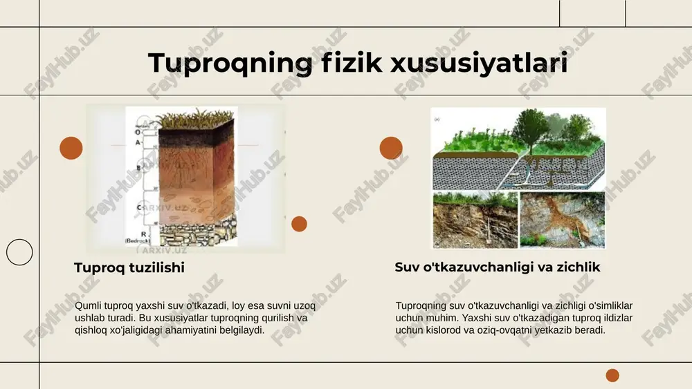 saqlashda muhimdir. biologik muhofaza, jumladan, tuproq mikroorganizmlari va mycorrhiza, tuproqning mineralizatsiya jarayonini qo'llab-quvvatlaydi. zamonaviy texnologiyalar, masalan, dronlar va sun'iy intellekt, tuproq monitoringi va muhofaza qilishda yangi imkoniyatlar yaratmoqda. 1 2 davlat dasturlari va qonunchilik muhofaza uchun asos. boshqaruv zaifligi va moliyaviy cheklovlar. xalqaro tajriba va texnologiyalarni joriy etish. iqlim o'zgarishi va noto'g'ri boshqarish muammo. davlat tomonidan ishlab chiqilgan dasturlar va qonunchilik tuproqni muhofaza qilish uchun asosiy turtki bo'lib xizmat qiladi. boshqaruvdagi zaifliklar va moliyaviy resurslarning cheklanganligi muhofaza qilish choralarini kengaytirishga to'sqinlik qilmoqda. xalqaro tajribalar va texnologiyalarni joriy etish, hamkorlik va muhim loyihalarni amalga oshirish imkoniyatlari mavjud. iqlim o'zgarishi va resurslarni noto'g'ri boshqarish ekologik muhitga jiddiy tahdid solmoqda. s w o t xulosa tuproqning tabiiy xususiyatlari uning ekologik va iqtisodiy ahamiyatini belgilaydi. kimyoviy va fizik xususiyatlar tuproq unumdorligiga ta'sir qiladi, bu esa oziq-ovqat xavfsizligi uchun muhimdir. tuproqni saqlash va muhofaza qilish ekologik barqarorlikni ta'minlashda muhimdir. erni muhofaza qilish, qoplamalarni tiklash va …