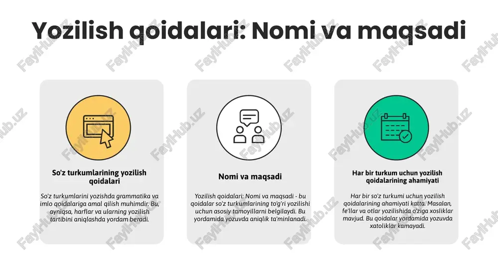 'nikmalarini rivojlantirishda muhim ahamiyatga ega. o'zaro fikr almashish jarayonida o'qituvchi va o'quvchilar qoidalarni yanada chuqurroq o'zlashtiradi. amaliy mashg'ulotlar uchun misollar praktik mashg'ulotlar so'z turkumlari bilan bog'liq bo'lib, o'qituvchilar uchun tayyorlangan misollarni o'z ichiga oladi. masalan, 'kitob' so'zi nom, 'yugurmoq' harakat turkumiga kiradi. bu misollar yordamida o'quvchilar qoidalarni to'g'ri qo'llashni o'rganadilar va o'zlashtiradilar. photo by amaan shaikh on unsplash o'qituvchilar uchun tavsiyalar amaliy mashg'ulotlarni interaktiv usullar bilan o'tkazish, o'quvchilarning faol qatnashishini ta'minlaydi. masalan, yozish madaniyatiga oid muammoli so'zlarni tahlil qilish yoki yozish qoidalarini amalda qo'llash uchun shart-sharoit yaratish muhim. o'quvchilarning qoidalarni o'rganish jarayonini qo'llab-quvvatlash uchun, qisqa testlar yoki muhokama seanslarini o'tkazish tavsiya etiladi. bu orqali muhim qoidalar va qiyinchiliklar aniqlanadi. foydali resurslar sifatida, onlayn platformalar, yozish qoidalari bo'yicha qo'llanmalar, interaktiv o'yinlar va videolarni tavsiya etish mumkin. bu yordamida o'quvchilar mustaqil ravishda o'qib, qoidalarni mustahkamlashlari mumkin. xulosa so'z turkumlarini o'rganishda yozilish qoidalarining ahamiyati katta. ular tilimizni to'g'ri va ravon yozish uchun muhim. …