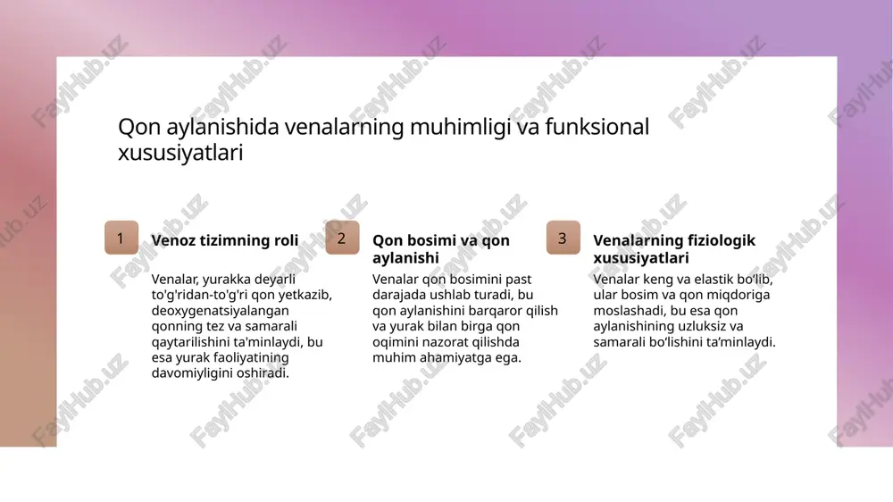 m beradi. bu jarayon yurak-qon tomir kasalliklarining oldini oladi. venoz tizimdagi o‘ziga xos patologik holatlar va ularning qon aylanishiga ta’siri 1 venoz patologiyalar - venoz tizimda keng tarqalgan patologiyalar orasida varikozlar, trombozlar va venoz shishlar mavjud bo'lib, ular qon aylanishining buzilishiga va yurak kasalliklariga olib kelishi mumkin. 2 venoz qon aylanishining buzilishi - bu holatlar qon bosimi o'zgarishlariga, qon aylanishining sekinlashishiga va organizmda turli patologik jarayonlarning rivojlanishiga sabab bo'lib, sog'liq uchun xavf tug'diradi. 3 patologik holatlar va profilaktika - venoz tizimdagi muammolarni aniqlash va oldini olish uchun muntazam tekshiruvlar, sog'lom turmush tarzini saqlash va zamonaviy davolash usullaridan foydalanish muhimdir. venoz tizimdagi muammolar: simptomlar, sabablari va diagnostik usullar 1 qon aylanishining buzilishi venoz tizimdagi muammolar odatda qon aylanishining sekinlashishi yoki to‘xtashiga olib keladi. bu, odatda, qon qotib qolishi yoki venalarning shishishi bilan bog‘liq bo‘lishi mumkin. 2 simptomlar va belgilari asosiy simptomlar orasida oyoqlarda shish, og‘riq, qattiqlik va ko‘pincha rang o‘zgarishi kuzatiladi. …