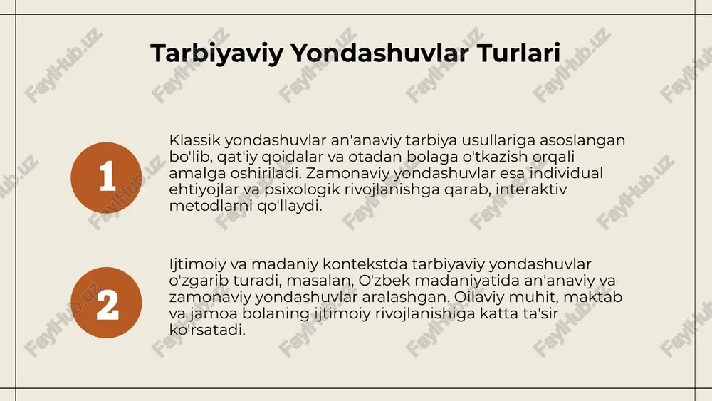 rayon bo'lib, ota-onalar ularning jamiyatga moslashuvi va ijtimoiy ko'nikmalarining shakllanishida asosiy rol o'ynaydi. bu jarayon bolalarning shaxsiy rivojlanishiga ta'sir qiladi. tarbiyaviy yondashuvlarning ta'siri va muhitdagi rivojlanish zamonaviy pedagogik yondashuvlar va texnologiyalar ota-onalarga bolalar bilan munosabatlarni rivojlantirishda yordam beradi. bu usullar orqali bolalarning ijtimoiy ko'nikmalari mustahkamlanadi va muhitga moslashuvi yaxshilanadi. amaliy usullar va jamiyatdagi mas'uliyat amaliy tarbiyaviy usullar bilan ota-onalar va jamiyat ijtimoiy mas'uliyatni oshiradi. bu, kelajak avlodlarning muvozanatli va mas'uliyatli shaxslar bo‘lib yetishishi uchun muhimdir. foydalanilgan adabiyotlar 1. amirbekova, m. (2018). ota-onaning bolalarni tarbiyalashda roli. o'zbekiston pedagogika jurnali, 5(2), 45-50. 2. karimova, d. (2020). zamonaviy jamiyatda ota-onaning ijtimoiylashuvi va tarbiya usullari. toshkent davlat universiteti nashri. 3. malikov, a. (2019). bolalar tarbiyasida amaliy tarbiyaviy usullar va ularning zamonaviy muhitda qo‘llanilishi. pedagogika va psixologiya, 7(3), 112-119. 4. rahimov, j. (2021). ota-onaning ijtimoiy muhitdagi roli va tarbiyaviy yondashuvlar. o‘zbekiston tarbiya va madaniyat, 4(1), 23-30. 5. yusufova, s. (2017). bolalarda ijtimoiylashuv jarayonini rivojlantirishda ota-onaning …