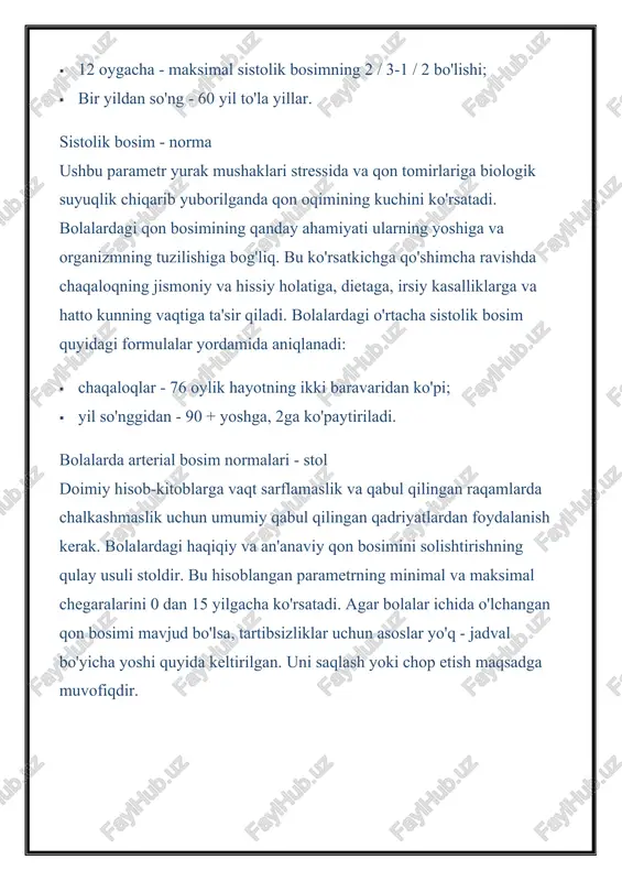 'ra yuzaga keladi: · kam harakatlanish; · intrauterin patologiyalar; · tez-tez nafas olish yo'llari infektsiyalari; · hissiy, aqliy zichlik; · surunkali yallig'lanish o'choqlari; · kunning noto'g'ri rejimi; · jismoniy ortiqcha yuk; · irsiy qobiliyati; · tiroid kasalligi; · diabet kasalligi ; · anemiya; · vitaminlarning etishmasligi; · yurak etishmovchiligi; · ruhiy kasalliklar; · allergik reaktsiyalar; · miyokardit va boshqalar. alomatlar, past qon bosimi belgilari klinik rasm bolalarning yoshiga to'g'ri keladi. chaqaloqlarda hipotansiyon erta ko'rinishini sezish qiyin. bolada bir yilgacha kam qon bosimi quyidagi belgilarga ega: · ko'z yoshlari; · nam va sovuq oyoqlar, xurmo; · tez charchash; · uyquchanlik; · yomon tuyadi. bolalarda gipotenziya belgilari: · tez-tez kayfiyat o'zgarishi; · bosh aylanishi; · tanadagi zaiflik; · befarqlik; · g'azablanish; · terlash ; · terining tez qizishi va qizarishi; · bosh og'rig'i; · yurakda karnayish hissi; · quloqdagi shovqin; · ko'rish buzilishi; · hushidan ketish . bola past qon bosimi - …