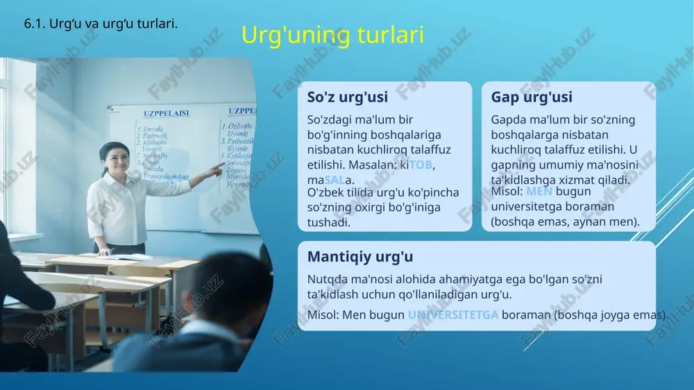 h uchun qilinadigan pauza. uzoq nutq so'zlashda muhim ahamiyatga ega. 6.2. pauza. pauza turlari. 11 pauzalardan samarali foydalanish pauzalardan foydalanish strategiyalari: ta'kidlash pauzasi - muhim fikrdan oldin qilinadigan pauza fikrlash pauzasi - auditoriyaga o'ylash imkonini beruvchi pauza dramatik pauza - tinglovchilarda qiziqish uyg'otuvchi pauza tayyorlanish pauzasi - keyingi fikrga o'tishdan oldin qilinadigan pauza pauzalarning haddan tashqari uzoq yoki tez-tez qo'llanilishi tinglovchilarni zeriktirishi va diqqatni chalg'itishi mumkin! pauza - nutqning "ko'rinmas qismi" bo'lib, aynan shu "ko'rinmas" qism tinglovchilarga eng kuchli ta'sir ko'rsatishi mumkin. o'qituvchilar uchun pauzadan foydalanish - o'quvchilarning fikrlash jarayonlarini rag'batlantirish, muhim ma'lumotlarni ajratib ko'rsatish va auditoriya e'tiborini boshqarish vositasi hisoblanadi. 6.2. pauza. pauza turlari. 12 urg’u, ritm va pauzaning o'zaro bog'liqligi urg'u nutqdagi muhim elementlarni ajratib ko'rsatadi ma'noni aniqlashtiradi va tinglovchi e'tiborini jalb qiladi ritm urg'uli va urg'usiz elementlarning ma'lum tartibda takrorlanishini ta'minlaydi nutqqa yaxlitlik va ohang beradi pauza nutq oqimini ma'noli qismlarga ajratadi urg'u va ritmni yanada ta'sirchan …