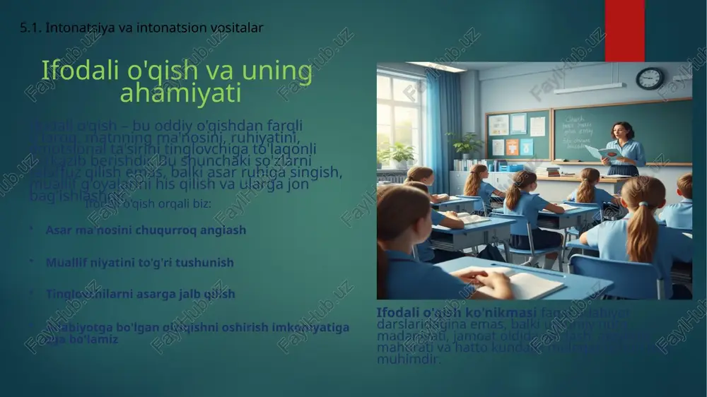 ezishga yordam beradi. mashq #2: qo'l harakati she'rni o'qiyotganda qo'lingizni havoda ritm bo'yicha harakatlantiring. bu ritm va nafas olishni muvofiqlashtiradi. mashq #3: metronomga moslash metronomni ma'lum tezlikka o'rnatib, uning ritmiga moslashtirib she'r o'qing. bu ritm tuyg'usini rivojlantiradi. mashq #4: jarangli o'qish she'rni ovoz chiqarib o'qib, bo'g'inlarga alohida e'tibor bering. urg'uli bo'g'inlarni biroz ta'kidlab talaffuz qiling. ritmni his qilish amaliyot talab qiladigan ko'nikma. muntazam mashq qilish orqali siz har qanday she'rning ritmik tuzilishini tez ilg'ab olishni o'rganasiz. 5.2. ritm. she’riyatda ritm turlari. 11 temp – ifodali o'qishning muhim vositasi temp – nutq tezligi, so'zlarning qanchalik tez yoki sekin talaffuz qilinishi. temp asarning mazmuni, kayfiyati va emotsional holatiga bog'liq ravishda o'zgarib turadi. sekin temp chuqur fikrlar, falsafiy mulohazalar, qayg'u-alam tasvirlangan o'rinlarda qo'llaniladi. tinglovchiga o'ylash va his qilish uchun vaqt beradi. o'rtacha temp oddiy hikoya, tasvir, suhbat o'rinlarida ishlatiladi. eng ko'p qo'llaniladigan temp bo'lib, tinglovchiga ma'lumotni qulay tarzda yetkazadi. tez temp hayajon, shoshilinch, …