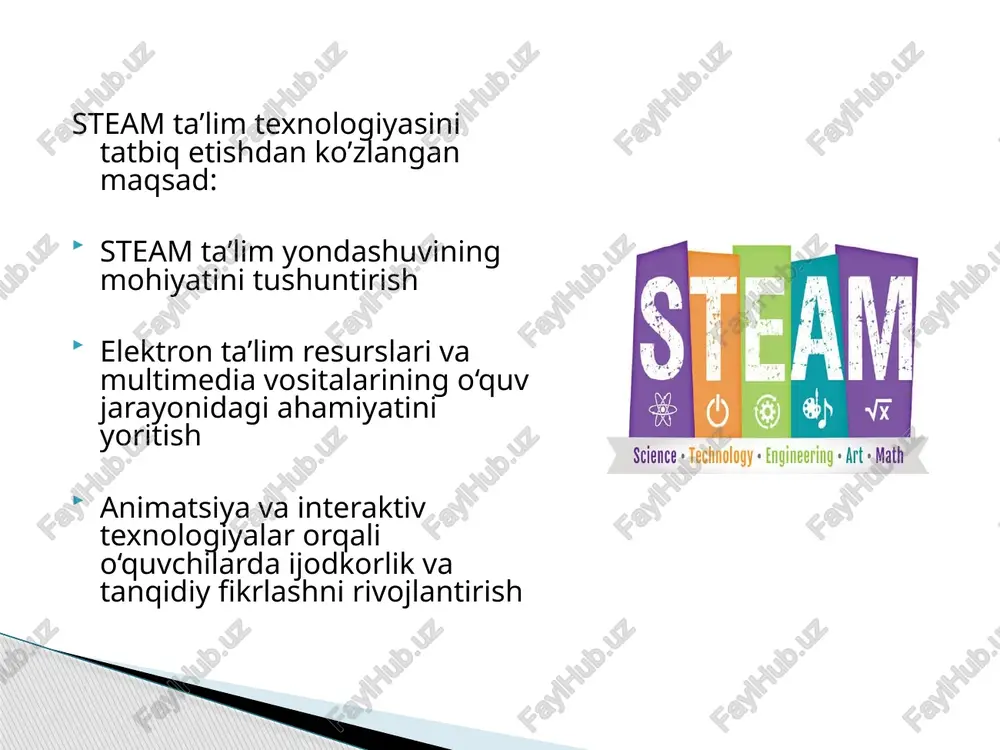 ). o‘quvchilar loyihaviy ishlarda media mahsulotlar yaratadi (video tajriba, raqamli poster, infografika). interaktiv dasturlar (scratch, tinkercad, canva, padlet) orqali hamkorlik va ijodiy faoliyat rivojlanadi. natijada: o‘quvchilarda innovatsion tafakkur shakllanadi; o‘qituvchi esa media vositalarni metodik jihatdan to‘g‘ri tanlay olish ko‘nikmasiga ega bo‘ladi. steam ta’limi samarali bo‘lishi uchun pedagog media savodxon, texnologik tayyor va ijodkor bo‘lishi zarur. tavsiyalar: 1. pedagoglar uchun media savodxonlik bo‘yicha malaka oshirish kurslarini yo‘lga qo‘yish; 2. steam loyihalarida raqamli va vizual media resurslardan keng foydalanish; 3. o‘quvchilarga axborotni tahlil qilish, manbalarni solishtirishni o‘rgatish; 4. ta’lim jarayonida axborot xavfsizligi va etikasiga rioya qilish. media savodli pedagog — zamonaviy, innovatsion va kreativ ta’limning asosiy ishtirokchisidir. xulosa zamonaviy ta’lim jarayonida steam texnologiyalari, elektron ta’lim resurslari, media va raqamli savodxonlik pedagogik faoliyatning ajralmas qismiga aylandi. pedagoglarning digital va media kompetensiyalari ularning kasbiy mahoratini, ta’lim samaradorligini hamda o‘quvchilarning ijodiy va tanqidiy fikrlash qobiliyatlarini bevosita belgilab beradi. steam yondashuvi orqali o‘quvchilar fanlararo aloqalarni tushunadi, …
