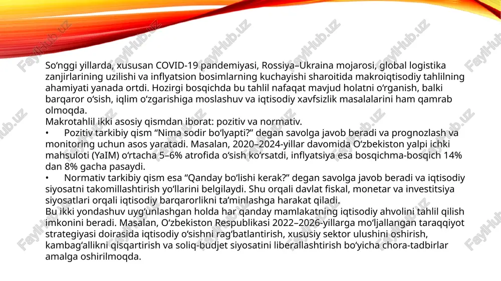chiqaruvchilar ma’lum miqdordagi mahsulotni ishlab chiqarish va sotishga, xaridorlar esa uni sotib olishga tayyor bo‘ladi. bu holat milliy ishlab chiqarishning muvozanatli real hajmi deb yuritiladi. ad–as modelida bu jarayon yalpi talab va taklif egri chiziqlarining kesishgan nuqtasi orqali grafik tarzda ifodalanadi. is–lm modeli qisqa muddatli davrda tovarlar bozori va pul bozorida bir vaqtning o‘zida muvozanat o‘rnatilishini ifodalaydi. tovar bozori deganda ham iste’mol, ham investitsion tovarlar bozori tushuniladi. makroiqtisodiy miqyosda milliy ishlab chiqarish hajmining o‘zgarishi bilan narxlar darajasining tebranishi o‘rtasidagi bog‘liqlikni o‘rganish, nima sababdan ayrim davrlarda iqtisodiyot barqaror o‘sadi, ba’zi paytlarda esa pasayish kuzatiladi — bularni izohlash uchun ad–as modeli ham qo‘llaniladi. bu modelda yalpi talab va yalpi taklif, narxlar darajasi kabi agregat ko‘rsatkichlardan foydalaniladi. 2020–2024 yillar davomida global iqtisodiyotda kuzatilgan pandemiya, moliyaviy cheklovlar, energetika inqirozi va inflyatsiya bosimi sharoitida ad–as va is–lm modellari davlat siyosatini tahlil qilishda amaliy vositaga aylandi. 2.1 makroiqtisodiy modellashtirish va tahlil: o'zbekistondagi tatbiqi, usullari va tamoyillari. …