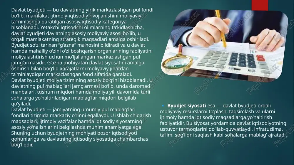rish, moliyaviy intizomni mustahkamlash, shuningdek, byudjet ochiqligini ta’minlash asosiy yo‘nalishlar sifatida belgilangan. davlat byudjetining iqtisodiy ko‘rsatkichlari o‘zbekiston respublikasi davlat byudjeti daromadlari asosan soliqlardan, bojxona to‘lovlaridan, davlat mulkidan olinadigan daromadlar va boshqa manbalardan shakllanadi. 2024-yil yakunlariga ko‘ra, davlat byudjeti daromadlari yalpi ichki mahsulotning (yaim) 29 foizini tashkil etgan. daromadlarning 70 foizdan ortig‘i soliqlar hissasiga to‘g‘ri keladi. soliqlarning eng katta ulushi quyidagi turlarga to‘g‘ri keladi: qo‘shilgan qiymat solig‘i (qqs) — byudjet tushumlarining qariyb 33 foizini tashkil qiladi; foyda solig‘i — 18 foiz atrofida; jismoniy shaxslar daromad solig‘i — 12 foiz; aksiz soliqlari va bojxona to‘lovlari — 10 foiz atrofida. byudjet xarajatlari esa asosan ijtimoiy sohalarga yo‘naltirilmoqda. 2024-yil byudjeti ma’lumotlariga ko‘ra: ta’lim sohasiga — 25,4%; sog‘liqni saqlashga — 14,8%; ijtimoiy himoyaga — 12,6%; infratuzilma va transportga — 10,5%; mudofaa va xavfsizlikka — 9,3% xarajatlar yo‘naltirilgan. bu raqamlar davlat byudjetining ijtimoiy yo‘naltirilganligini yaqqol ko‘rsatadi. so‘nggi yillarda byudjet defitsiti — ya’ni daromadlar bilan xarajatlar o‘rtasidagi …