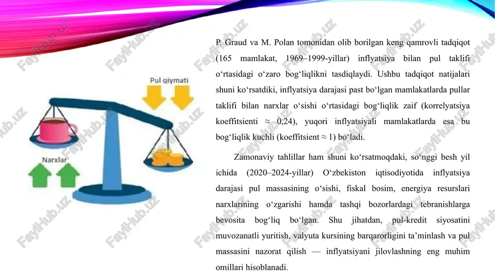 adi. keynsga ko‘ra, qo‘shimcha pul emissiyasi aholining to‘lovga qobiliyatli talabini oshiradi, bu esa ishlab chiqarish hajmining kengayishiga olib keladi. natijada iqtisodiyotda mavjud pul massasi ortiqcha muomalaga kirmay, tovar va xizmatlar hajmi bilan muvozanatlashadi. ushbu yondashuv “tartibga solinadigan inflyatsiya” deb nomlanadi. keynsdan so‘ng inflyatsiyaning monetar mohiyatini yanada chuqurroq tahlil qilgan iqtisodchi — milton fridmen bo‘lib, u “monetarizm” nazariyasiga asos soldi. fridmen boshchiligidagi “chikago iqtisodiy maktabi” vakillarining fikricha, inflyatsiya har doim va hamma joyda pul massasining haddan tashqari ko‘payishi natijasidir. shuning uchun davlat pul emissiyasini qat’iy nazorat qilish, byudjet taqchilligini kamaytirish va foiz stavkalarini oqilona tartibga solish orqali inflyatsiyani jilovlashi lozim. shunday qilib, inflyatsiya iqtisodiy tizimdagi pul va tovar massalari muvozanatining buzilishi natijasida yuzaga keluvchi murakkab jarayondir. uning sabablarini chuqur tahlil qilish, zamonaviy nazariy yondashuvlarni to‘g‘ri qo‘llash va davlat siyosatini muvofiqlashtirish — iqtisodiy barqarorlikni ta’minlashning muhim omillaridan biridir. 2.1. o‘zbekistonning inflyatsiya ko‘rsatkichi tahlili o‘zbekiston respublikasi markaziy banki ma’lumotlariga ko‘ra, 2024-yilning avgust oyida …