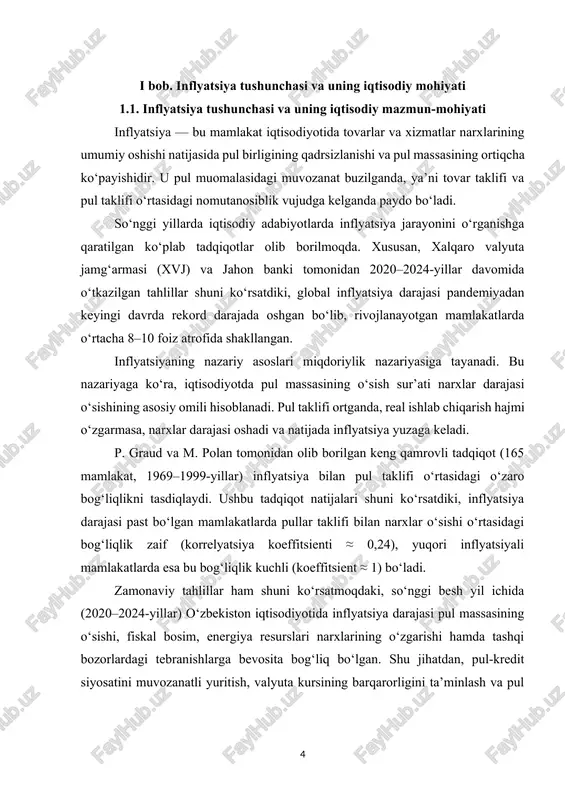 i ta’minlash va pul massasini nazorat qilish — inflyatsiyani jilovlashning eng muhim omillari hisoblanadi. xx asrning 70-yillariga qadar fillips tomonidan ochilgan inflyatsiya va ishsizlik o‘rtasidagi teskari bog‘liqlik — “fillips egri chizig‘i” nazariyasi iqtisodiy siyosatda muhim amaliy ahamiyat kasb etgan. ushbu nazariyaga ko‘ra, inflyatsiya darajasi oshganda ishsizlik kamayadi, aksincha, inflyatsiya pasayganda ishsizlik ortadi. ammo 1970-yillarda yuzaga kelgan stagflyatsiya jarayonlari (ya’ni bir vaqtning o‘zida ham inflyatsiya, ham ishsizlikning o‘sishi) bu nazariyaning amaliy qo‘llanilishiga shubha uyg‘otdi. so‘nggi yillarda, xususan 2020–2024-yillar oralig‘ida global iqtisodiy sharoitlarda kuzatilgan inqirozlar, pandemiya va geosiyosiy beqarorliklar “fillips egri chizig‘i”ning zamonaviy iqtisodiy tizimlarda to‘liq ishlamasligini yana bir bor isbotladi. aksincha, ayrim mamlakatlarda, jumladan o‘zbekistonda ham, inflyatsiya darajasining oshishiga qaramay, mehnat bozorida barqarorlik kuzatilgan. inflyatsiyaning yuqori sur’atlarda o‘sishi odatda davlat byudjeti defitsitini moliyalashtirish bilan bog‘liq bo‘ladi. byudjet siyosati va inflyatsiya o‘rtasidagi o‘zaro bog‘liqlikni l. katao va m. terronza tomonidan o‘tkazilgan keng qamrovli tadqiqotlar (107 mamlakat, 1960–2001-yillar) asoslab bergan. ularning fikricha, yuqori …