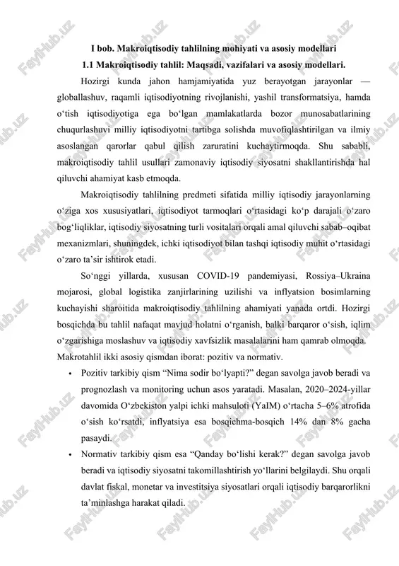 amlakatning iqtisodiy ahvolini tahlil qilish imkonini beradi. masalan, o‘zbekiston respublikasi 2022–2026-yillarga mo‘ljallangan taraqqiyot strategiyasi doirasida iqtisodiy o‘sishni rag‘batlantirish, xususiy sektor ulushini oshirish, kambag‘allikni qisqartirish va soliq-budjet siyosatini liberallashtirish bo‘yicha chora-tadbirlar amalga oshirilmoqda. makroiqtisodiy tahlilning asosiy yo‘nalishlari quyidagilarni o‘z ichiga oladi: · iqtisodiy holatni doimiy monitoring qilish, · iqtisodiyotda amal qiluvchi sabab–oqibat mexanizmlarini aniqlash, · moliyaviy oqimlar va sektoral bog‘liqliklarni tahlil qilish, · iqtisodiy siyosat va yangi strategik yo‘nalishlarni ishlab chiqish, · tashqi savdo balansi, inflyatsiya, bandlik va pul-kredit siyosati bo‘yicha kompleks baho berish. “makroiqtisodiy tahlil” fanining o‘qitilishidan maqsad – talabalarga bozor iqtisodiyoti sharoitida milliy iqtisodiyotni tahlil qilish uchun zarur nazariy va amaliy bilimlarni berishdir. ushbu fan orqali talabalar daromad va boyliklarning taqsimoti, davlat budjeti, soliq, pul–kredit siyosati, tashqi qarz va to‘lov balansi kabi yo‘nalishlarda amaliy tahlil olib borishni o‘rganadilar. makroiqtisodiy tahlilning bugungi kundagi asosiy yo‘nalishlari: · raqamli iqtisodiyot ko‘rsatkichlarini tahlil qilish (masalan, elektron tijorat ulushi, raqamli to‘lovlar hajmi), · yashil …