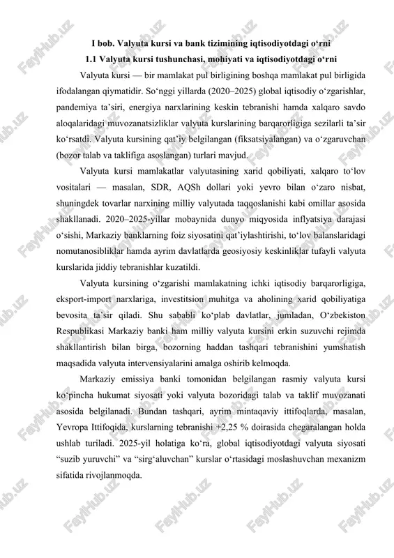 belgilash va e’lon qilish jarayoni valyuta kotirovkasi deb ataladi. bugungi kunda bu ma’lumotlar maxsus elektron savdo platformalarida real vaqt rejimida aniqlanib, bank tizimlariga uzatiladi. o‘zbekiston respublikasi markaziy banki esa har kuni xalqaro valyuta bozoridagi dinamikani, inflyatsiya ko‘rsatkichlarini va pul massasi harakatini inobatga olgan holda xorijiy valyutalarning so‘mga nisbatan rasmiy kursini e’lon qiladi. masalan, 2025-yil 10-oktabr holatiga ko‘ra, 1 aqsh dollarining o‘zbekiston so‘miga nisbatan rasmiy kursi 12 640 so‘m atrofida bo‘lib, bu 2022-yilgi 10 945 so‘mlik ko‘rsatkichga nisbatan so‘mning qadrsizlanishini ifodalaydi. valyuta kursidagi bu o‘zgarishlar mamlakatning tashqi savdo aylanmasi, import narxlari va ichki inflyatsiya darajasiga bevosita ta’sir etmoqda. globallashuv jarayonlari kuchayib borayotgan hozirgi sharoitda valyuta kurslari milliy iqtisodiyotlar barqarorligi va ularning xalqaro iqtisodiy tizimdagi o‘rnini belgilovchi muhim omilga aylanmoqda. 2020–2025-yillar davomida jahon moliyaviy bozorlarining o‘zaro integratsiyalashuvi, pandemiyadan keyingi tiklanish jarayonlari, energiya narxlarining o‘zgarishi hamda geosiyosiy tangliklar natijasida valyuta kurslarining tebranishi global iqtisodiyot uchun sezilarli ta’sir ko‘rsatdi. valyuta kurslarining o‘zgarishi savdo, investitsiya …
