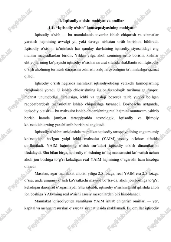 ababli, resurslar taqchilligi sharoitida intensiv o‘sish yanada samaraliroq hisoblanadi. fan-texnika taraqqiyoti, raqamli iqtisodiyotning rivojlanishi, innovatsion ishlab chiqarish va yuqori texnologiyalarning joriy etilishi intensiv iqtisodiy o‘sishni jadallashtiruvchi omillar sifatida namoyon bo‘lmoqda. keyingi yillarda iqtisodiy o‘sish nafaqat ishlab chiqarish hajmining ortishi, balki bir qator ijtimoiy ko‘rsatkichlar orqali ham baholanmoqda. jumladan, bandlik darajasining oshishi, aholining real daromadlarining ortishi, chakana savdo aylanmasi va xizmatlar hajmining kengayishi, iste’mol va jamg‘arma miqdorining o‘sishi iqtisodiy o‘sishning muhim ijtimoiy ko‘rsatkichlaridir. umuman olganda, iqtisodiy o‘sishning eng asosiy ijobiy tomoni — bu uning ishlab chiqarish, taqsimot, ayirboshlash va iste’mol tuzilmasiga ijobiy ta’sir ko‘rsatishidir. shuning uchun ham iqtisodiy o‘sish mamlakatning ijtimoiy-iqtisodiy barqarorligi va farovonligining asosiy ko‘rsatkichi hisoblanadi. makroiqtisodiyotda iqtisodiy rivojlanish jarayonini aniq o‘lchash qiyin bo‘lgani sababli, odatda iqtisodiy o‘sish tahlil qilinadi. iqtisodiy o‘sish iqtisodiy rivojlanishning muhim tarkibiy qismi bo‘lib, u mamlakat yalpi ichki mahsuloti (yaim) va uning tarkibiy qismlarining miqdoriy ortishini ifodalaydi. makroiqtisodiy darajada iqtisodiy o‘sishning asosiy miqdoriy ko‘rsatkichlariga quyidagilar kiradi: …