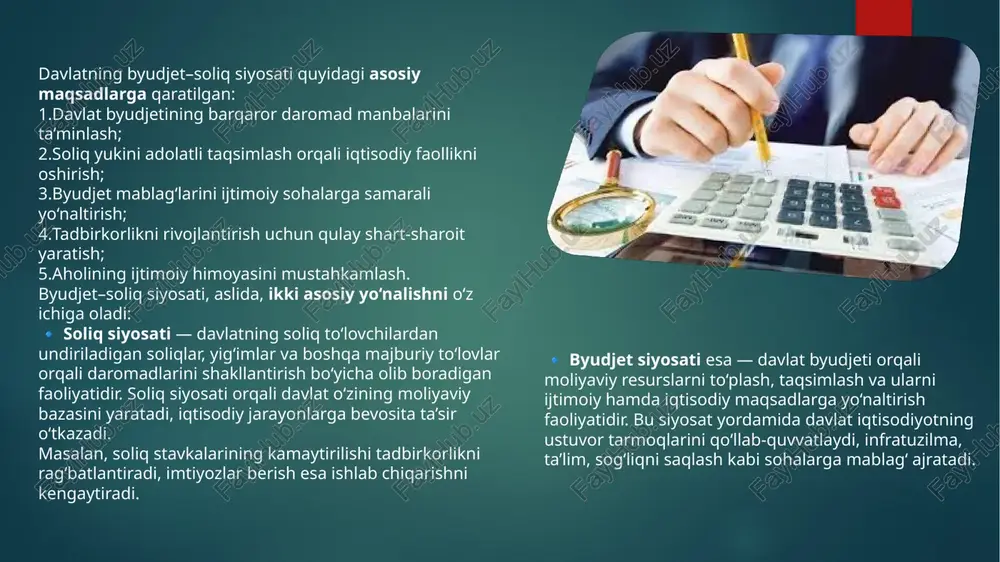 m) 29 foizini tashkil etgan. daromadlarning 70 foizdan ortig‘i soliqlar hissasiga to‘g‘ri keladi. soliqlarning eng katta ulushi quyidagi turlarga to‘g‘ri keladi: qo‘shilgan qiymat solig‘i (qqs) — byudjet tushumlarining qariyb 33 foizini tashkil qiladi; foyda solig‘i — 18 foiz atrofida; jismoniy shaxslar daromad solig‘i — 12 foiz; aksiz soliqlari va bojxona to‘lovlari — 10 foiz atrofida. byudjet xarajatlari esa asosan ijtimoiy sohalarga yo‘naltirilmoqda. 2024-yil byudjeti ma’lumotlariga ko‘ra: ta’lim sohasiga — 25,4%; sog‘liqni saqlashga — 14,8%; ijtimoiy himoyaga — 12,6%; infratuzilma va transportga — 10,5%; mudofaa va xavfsizlikka — 9,3% xarajatlar yo‘naltirilgan. bu raqamlar davlat byudjetining ijtimoiy yo‘naltirilganligini yaqqol ko‘rsatadi. so‘nggi yillarda byudjet defitsiti — ya’ni daromadlar bilan xarajatlar o‘rtasidagi farq ham nazorat ostida saqlanmoqda. 2024-yilda u yaimning 3 foizi atrofida bo‘lgan. bu xalqaro standartlarga (5% gacha) to‘liq mosdir. davlat qarzlarining holati tahlili o‘zbekistonning iqtisodiy o‘sish sur’atlarini qo‘llab-quvvatlash maqsadida, so‘nggi yillarda davlat tashqi va ichki qarzlaridan oqilona foydalanmoqda. davlat qarzi, bir tomondan, …