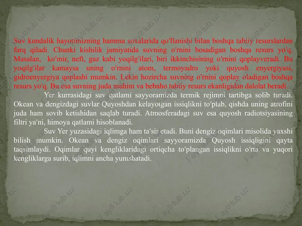di. sugʹorish uchun olingan suvning 80 % yoki 2300 km3 suv ishlatilsa, uning 20 % yoki, 470-480 km3 suv daryo va koʹllarga oqava suv sifatida chiqarilib yuboriladi. bir tonna don etishtirish uchun 3ming m3 suv, bir tonna sholi etishtirish uchun 7 ming m3, bir tonna makkajuxori etishtirish uchun esa, 1500 m3 suv sarflanadi. 1 kg oʹsimlik massasi xosil boʹlishi uchun oʹsimlik turiga qarab 150 m3 dan 1000 m3 gacha suv sarf boʹladi. 1 gektar goʹzani sugʹorish uchun 12000-20000 m3 suv sarflanadi. respublikamizning yillik suv sarfi 62-65 km3 boʹlib, shuning 25 km3 amudaryodan, 11 km3 sirdaryodan, qolgan qismi daryochalardan va yer osti suv manbalaridan olinadi. olinadigan umumiy suv miqdoridan 85 % yoki 53-55 km3 ni qishloq xoʹjaligi tarmoqlari ehtiyojlarini qondirish uchun, 12-16 km3 suv sanoat tarmoqlariga va atigi 3 % yoki 1,7 km3 suv kommunal xoʹjaligi korxonalarning ehtiyojini qondirish uchun sarflanadi. milliy iqtisodiyotning barcha tarmoqlari uchun olinadigan yillik suv miqdoridan (62-65km3 …