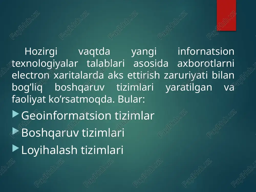 iga oladi. eng oddiy holatda, bu ko'rsatish operatsiyasi, lekin bir qator analitik operatsiyalarda turli qatlamlardan olingan ma'lumotlar jismonan birlashtirilgan. qatlam yoki fazoviy yig'ilish, masalan, tuproq, qiyalik, o'simlik va foydalanish ma'lumotlarini er solig'i stavkalari bilan birlashtirishga imkon beradi. vizualizatsiya. kosmik operatsiyalarning ko'p turlari uchun yakuniy natija ma'lumotlarni xarita yoki grafik ko'rinishida ko'rsatishdir. xarita - bu geografik (georeferentsiya) ma'lumotni saqlash, taqdim etish va etkazishning juda samarali va ma'lumotli usuli. ilgari, xaritalar asrlar davomida yaratilgan. gis kartografiya san'ati va ilmiy asoslarini kengaytiradigan va rivojlantiradigan ajoyib yangi vositalarni taqdim etadi. uning yordami bilan xaritalarning vizualizatsiyasi hisobot hujjatlari, uch o'lchovli tasvirlar, grafiklar va jadvallar, fotosuratlar va boshqa vositalar, masalan, multimediya bilan osongina to'ldirilishi mumkin. geografiya: – gis asosida geografiya tabiiy va ijtimoiy-iqtisodiy hodisalar, ularning kelib chiqishi, o‘zaro bog‘liqligi va er yuzida tarqalishi mohiyatini tushuntiradi; uzoq muddatli fazoviy tahlil tajribasiga asoslanib, ularni tadqiq qilish metodlarini amalga oshirish imkonini yaratadi; har qanday tadqiqot va qarashlarga gis fazoviy …