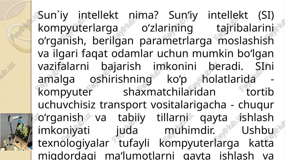 a‘lumotlar) majmuidir. ekspert tizimlarga misollar harbiy sohadagi et: dart - ekspert tizimi razvedka ma'lumotlarini dushman qo'mondonlik, nazorat va aloqa markazlari haqida ishlashga yordam beradi. u buyruq, boshqaruv va aloqa tarmog'ining muhim tugunlarini aniqlash bo'yicha tahlilchilarga maslahat beradi va jangovar vaziyat haqida xabarlarni qayta ishlashga yordam beradi asta - ushbu ekspert tizimi tahlilchilarga signalni yuborgan radarning turini aniqlashga yordam beradi. bilimlarni tasvirlash modellari mahsuliy (produksion) qoidalarning modellari freymli modellar semantik modellar mahsuliy (produksion) qoidalarining modellari deklarativ bilimlar — bu biror-bir tizimda o‘zaro bog‘langan dalillardir. haqiqatdan ham ro‘y bergan biror hodisa, voqea-dalilga misol bo‘la oladi. protsedurali bilimlar — dalillar ustida amallar bajarilsa, (algoritmlar, dasturlar, analitik o‘zgarishlar, empirik qoidalar) va shu kabilarni amalga oshirish natijasida hosil bo‘ladigan bilimlardir. bilimlarning bunday bo‘linishi shartli xususiyatga ega. freymli modellar freym — bu qandaydir standart holat uchun mo‘ljallangan ma‘lumotlarni deklarativ keltirilishidir. freymlarni tarmoq ko‘rinishida ko‘rsatish mumkin. unda yuqori tabaqalar ularning ma‘nosini namoyish etadi va har qanday sharoitda …