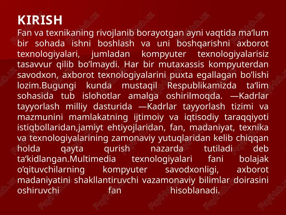 ‘lgan kompyuter (texnik) qurilmalari; b) videokonferensiyani o‘tkazish talabiga javob beruvchi aloqa kanallaridan foydalangan holda, muloqotga chiquvchilar bilan bog‘lanish. videokonferensiya nima? videokonferensiyalar-bu odamlarga biri-biri bilan muloqot qilish imkoniyatini beruvchi kompyuter texnologiyasidir. oddiy kompyuter yordamida ma‘lumotlarni ko‘rish, almashish, birgalikda tahlil qilish mumkin. bunda siz ko‘rish va eshitish imkoniyatiga ega bo‘lasiz. konferensiyada qatnashish uchun quyidagilar zarur: kompyuterda maxsus videokonferensiyani ta‘minlovchi qurilma va programma ta‘minoti o‘rnatilgan bo‘lishi shart. videokamera audiomikrofon internet informatsion ta`minotda mul`timedia. mul`timedia prinsiplarida qurilgan elektron ma`lumotnoma (spravochnik)lar, ensiklapediyalar, tarjimonlar va lug`atlar kishini hayratga soladi. tarix, geografiya, tibbiyot, sport va boshqa sohalar bo`yicha turli elektron ensiklapediyalar mavjud. tovushlar va video elementlar bilan ishlash mul`timedia vositalari deb ataladigan maxsus texnik va uskunaviy qurilmalar bilan amalga oshiriladi. bunday texnik vositalar bilan jihozlangan komp`yuter- mul`timedia- komp`yuter deb ataladi. multemedia texnologiyasi «mul`timedia» atamasining asosiy ma`nosi mul`ti muhitni anglatadi. ammo «mul`timedia» tushunchasining aniq ta`rifi ma`lum emas. odatda, multimedia deganda turli shakldagi ma`lumotlarn qayta ishlovchi vositalar majmuasi tushuniladi. …