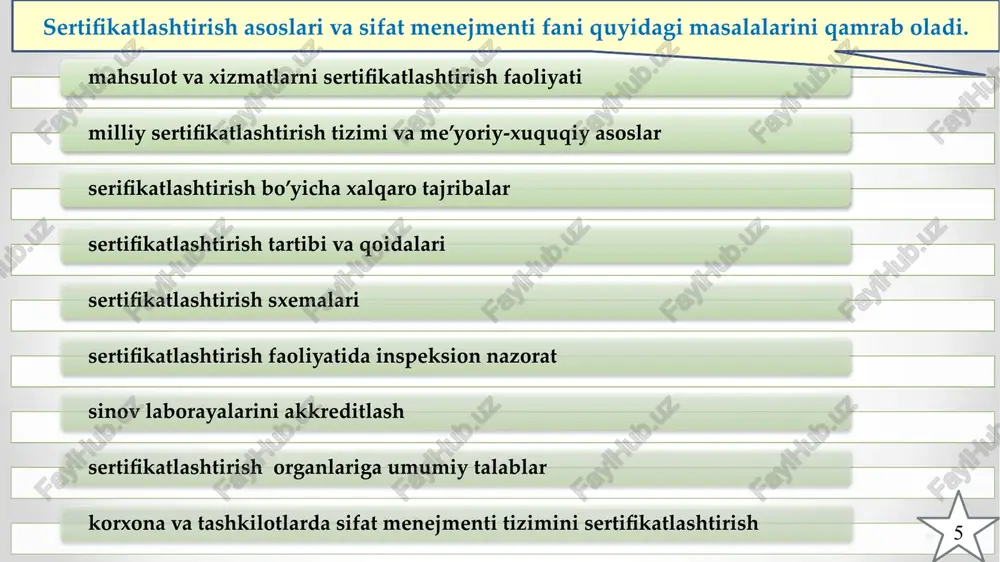 ri?sort=plf-f&src=s&sid=322ce6f8401999f30f97862a658bb488&sot=a&sdt=a&sl=28&s=title-abs-key%28certification%29&origin=resultslist&count=10&analyzeresults=analyze+results 13 sertifikatlashtirish soxasida mamlakatlar bo’yicha shakllantirilgan manbalar hujjatlar soni retrieved from "documents by country" by the international scopus database. september 11, 2023. https://www.scopus.com/term/analyzer.uri?sort=plf-f&src=s&sid=95bb83f5a655b080d033fb2aa922360a&sot=a&sdt=a&sl=28&s=title-abs-key%28certification%29&origin=resultslist&count=10&analyzeresults=analyze+results 14 mualliflar bo’yicha hujjatlar soni sertifikatlashtirish soxasida mualliflar bo’yicha shakllantirilgan manbalar retrieved from "documents by author" by the international scopus database. september 11, 2023. https://www.scopus.com/term/analyzer.uri?sort=plf-f&src=s&sid=95bb83f5a655b080d033fb2aa922360a&sot=a&sdt=a&sl=28&s=title-abs-key%28certification%29&origin=resultslist&count=10&analyzeresults=analyze+results 15 fanning maqsadi - talabalarda maxsulot, xizmat, korxona sifat menejmenti tizimi xamda xodimlarni sertifikatlashtirish, sertifikatlashtirish sxemalari, sertifikatlashtirishning shakllari, sinov laboratoriyalarini tashkil qilish, sertifikatlashtirish va sinov natijalarini rasmiylashtirish xamda muayyan sharoitlarga mos xolda sertifikatlashtirishni tashkillashtirish, sifat menejmenti tizimini korxonalarda joriy etish va sertifikatlashtirish bo’yicha bilim, ko’nikma va malaka shakllantirishdir. 16 - sertifikat, sertifikatlashtirish faoliyatlari to’g’risida; - sertifikatlashtirish bo’yicha xalqaro, xududiy va milliy tashkilotlarning faoliyatlari va tuzilmasi to’g’risida; - maxsulot va xizmatlarining sifatini kafolatlovchi hujjatlar haqida; - sertifikatlashtirish tartibi, qoidalari va sertifikatlashtirish sxemalari; - sertifikatlashtirish faoliyatida inspeksion nazorat va sertifikatlashtirish organlariga qo’yilgan umumiy talablar; - sinov laborayalarini akkreditlash; - korxona va tashkilotlarda sifat …