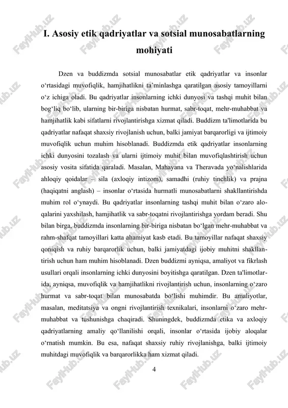 batni rivojlantirishga qaratilgan. bu munosabatlarning asosiy tamoyillari insonlarning ichki dunyosi va tashqi muhit bilan bo‘ladigan aloqalarini yaxshilashga xizmat qiladi. buddizm ta'limotlari insonlar o‘rtasidagi hurmat, sabr-toqat, hamjihatlik va mehr-muhabbat kabi qadriyatlarni asosiy ahamiyatga ega qiladi. bu qadriyatlarning amaliy qo‘llanishi orqali jamiyatda ijtimoiy muhit yaxshilanadi, insonlar o‘rtasida ijobiy aloqalar o‘rnatiladi va umumiy farovonlik ta'minlanadi. buddizmda sotsial munosabatlarning rivojlanishi uchun turli amaliyotlar va etika qoidalari ishlab chiqilgan. mahayana va theravada yo‘nalishlarida, ayniqsa, insonlarning bir-biriga nisbatan mehr-muhabbat va sabr-toqat bilan munosabatda bo‘lishlari uchun tavsiyalar mavjud. masalan, "metta" (mehr-muhabbat) va "karuna" (komil his qilish) kabi amaliyotlar insonlarning o‘zaro mehr-muhabbat bilan muomala qilishlarini rivojlantirishga yordam beradi. bu amaliyotlar nafaqat shaxsiy ruhiy holatni yaxshilashga, balki jamiyatda hamjihatlik va muvofiqlikni mustahkamlashga xizmat qiladi. shuningdek, buddizmda sotsial munosabatlarni yaxshilash uchun etik qadriyatlar va amaliyotlar o‘rgatiladi. masalan, to‘g‘ri fikrlash, so‘z, va amal qilish orqali insonlar o‘rtasida ishonch va hurmat mustahkamlanadi. bu qadriyatlar insonlar o‘rtasida ijtimoiy muhitni yaxshilash, nizolarni yechish va …