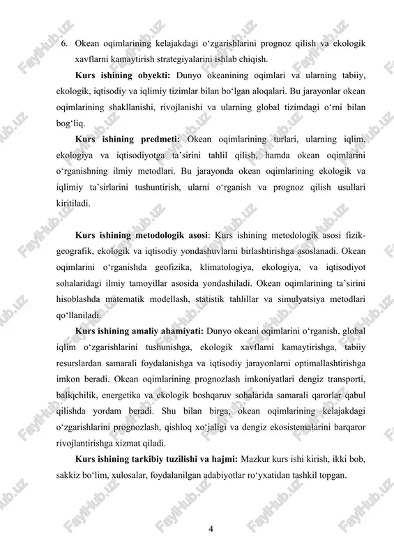 olis kuchini yuzaga keltiradi. bu kuchning ta'siri ostida oqimlarning yo'nalishi o'zgaradi. masalan, shimoliy yarim sharida oqimlar o'ngga burilsa, janubiy yarim sharida chapga buriladi. ushbu hodisa "coriolis ta'siri" deb ataladi va suv harakatining shakllanishiga katta ta'sir ko'rsatadi. uchinchi omil — issiqlik taqsimoti. okeanlarda suvning harorati global miqyosda teng taqsimlanmagan. tropik hududlarda issiq suv yuqori kengliklarga ko'tariladi, shu bilan birga sovuq suvlar pastga tushib, o'z o'rnini egallaydi. bu harorat farqlari oqimlarning vertikal harakatini, shuningdek, yirik global oqim tizimlarining shakllanishini ta'minlaydi. tuzlik va sho'rlik farqlari ham oqimlarning shakllanishida muhim ahamiyatga ega. tropik hududlarda evaporatsiya natijasida suvning sho'rligi ortadi, bu esa suvning zichligini oshiradi va chuqur oqimlarning paydo bo'lishiga sabab bo'ladi. shu tarzda, sho'rlik farqlari global oqimlar va suv aylanishini boshqaradi. geologik va morfologik sharoitlar ham oqimlarning yo'nalishiga ta'sir qiladi. okeanlarning tubi va qirg'oq chizig'ining shakli oqimlarni yo'naltiradi. orol va yirik qirg'oq chiziqlari oqimlarning yo'nalishini o'zgartirishi mumkin. okeanlarning o'zgarishi va shu bilan birga, ularning …