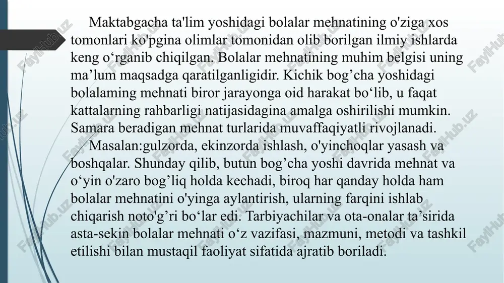 — tele- videniya, radio va boshqalar bolalaming axloqiy tarbiyasiga katta ta ’sir ko‘rsatadi. kichik yoshli bolalar axloqiy tasawur va bilimlarni faqat o‘yin mashg‘ulotlarida yaxshi o‘zlashtirib oladilar. bolalar tomonidan o‘zlashtirib olingan axloqiy tasawurlarni ularga ongli ravishda tushuntirish dastlab mashg‘ulotlarda, keyinchalik o‘yin, mehnat jarayonlarida, sayrda, mustaqil faoliyatlar orqali amalga oshiriladi. axloqiy tarbiyaning asosiy tamoyillari va metodlari axloqiy tarbiyaning asosiy tamoyillari quyidagilami o‘z ichiga oladi: — g‘oyaviy va tarbiyaviy ishning ma’lum maqsadga qaratilganligi; — ta’lim-tarbiya ishiga bola shaxsini hurmat qilgan holda yon- dashish; — axloqiy tarbiya ishini hayot va zamon bilan birga olib borish; — bolalaming faolligi; — oila va mtm tarbiyaviy ta ’sirining birligi; — bola shaxsidagi ijobiy sifatlarga suyanish; — bola shaxsining har tomonlama rivojlanishini ko‘zda tutish. axloqiy tarbiya tamoyillarini pedagogik shart-sharoit bilan qo‘shib amalga oshirish bolaning axloqiy rivojlanishiga samarali ta ’sir etadi. 3. maktabgacha ta’lim tashkilotlarida jismoniy tarbiyaning ahamiyati. jismoniy tarbiyaning o‘ziga xos xususiyati ,vazifasi kuch, tezlik, chidamlilik, chayirlik, chaqqonlik …