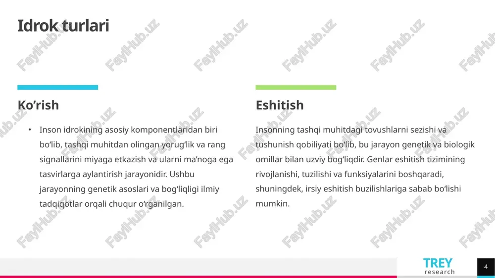 riga qarab o‘zgarishi mumkin, lekin biz uni doimo o‘zgarmas deb idrok qilamiz. masalan, oq kiyim kiygan odamni kunduzgi yorug‘likda yoki qorong‘u xona ichida ko‘rsak ham, uning rangini bir xil deb qabul qilamiz. o‘lchamning konstantligi — bu masofa va burchakdan qat'iy nazar, obyektlarning o‘lchamini doimiy deb idrok qilishimizni ta’minlaydi. masalan, bir insonning yoki avtomobilning masofaga qarab o‘lchami kichrayishi mumkin, lekin biz uni asl hajmida, o‘zgarmas deb qabul qilamiz. shaklning konstantligi — bu obyektlar turli pozitsiyalarda yoki burchaklarda ko‘rsatilganda, ular qanday ko‘rinsa ham, biz ularni asl shaklida deb idrok qilamiz. masalan, eshikni ochish paytida uning shakli o‘zgaradi, lekin biz uni doimiy ravishda to‘rtburchak deb bilamiz. trey research idrokni tushunilganligi idrokni tushunilganligi (perceptual understanding) — bu idrok jarayonida atrof-muhit, obyektlar va hodisalar haqida to‘liq, aniq va o‘zaro bog‘liq tasavvurlarni yaratishdir. idrokni tushunish, sezgi tizimining bizga atrofdagi dunyoni to‘g‘ri va aniq ko‘rsatish imkonini beruvchi kognitiv jarayonlarning muhim qismidir. bu jarayon, insonning sezgilarini (ko‘rish, eshitish, …